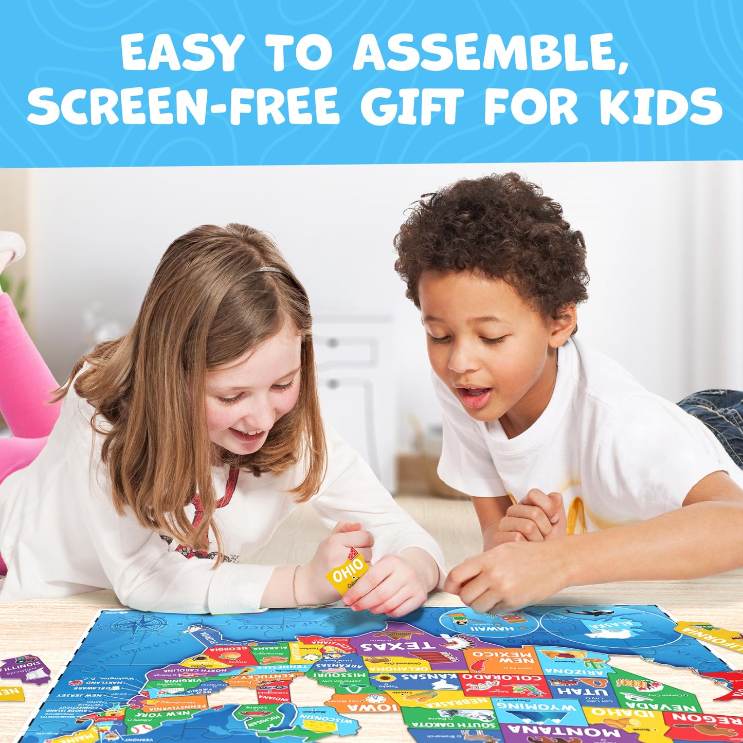 Momo and Nashi USA Map Puzzle for Kids 4-6 – 70pc Floor Puzzle (50 States & Capitals)