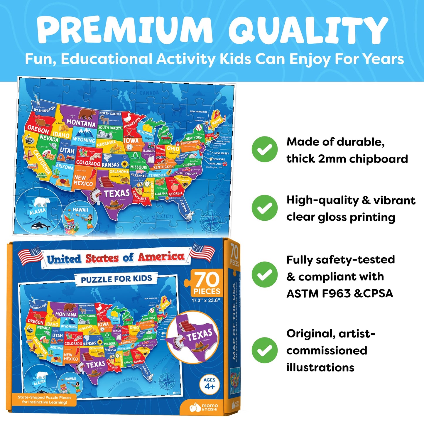 Momo and Nashi USA Map Puzzle for Kids 4-6 – 70pc Floor Puzzle (50 States & Capitals)