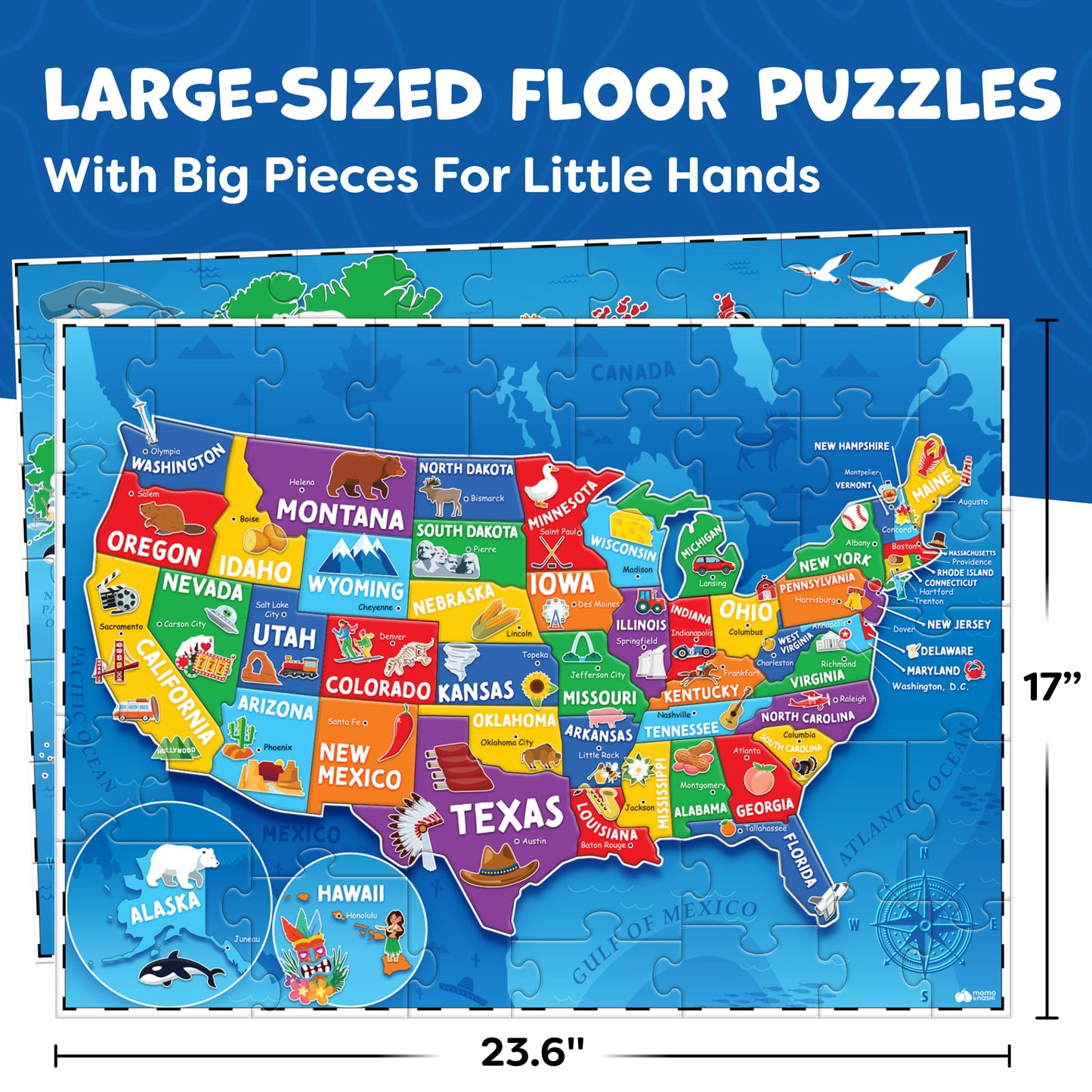 Momo & Nashi 145pc World Map & USA Puzzle for Kids 4-8