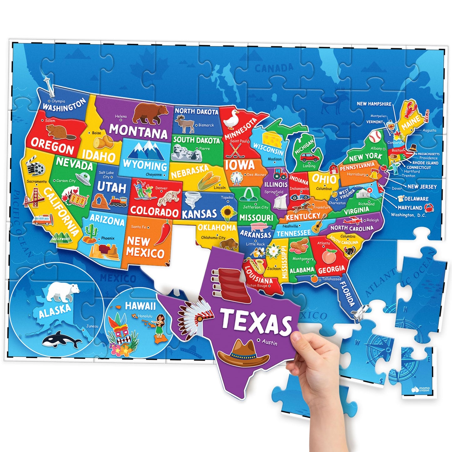 Momo and Nashi USA Map Puzzle for Kids 4-6 – 70pc Floor Puzzle (50 States & Capitals)