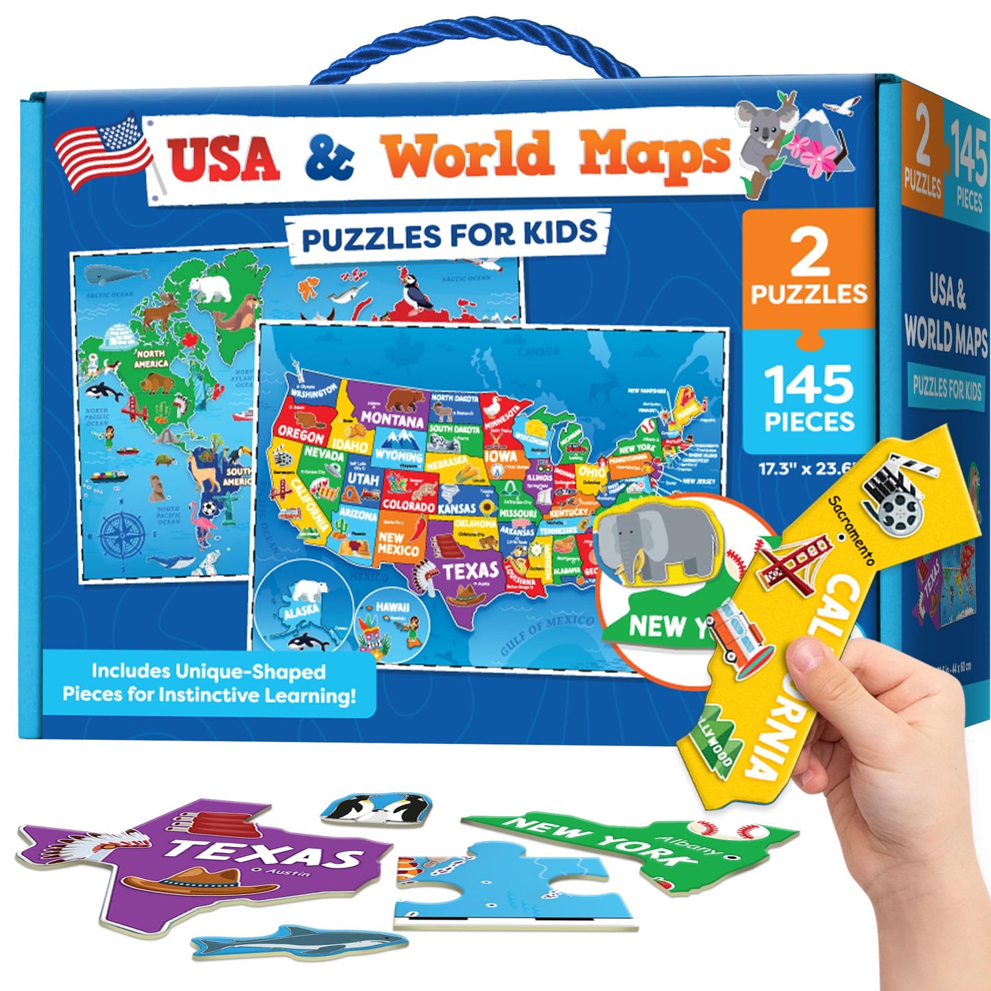 Momo & Nashi 145pc World Map & USA Puzzle for Kids 4-8