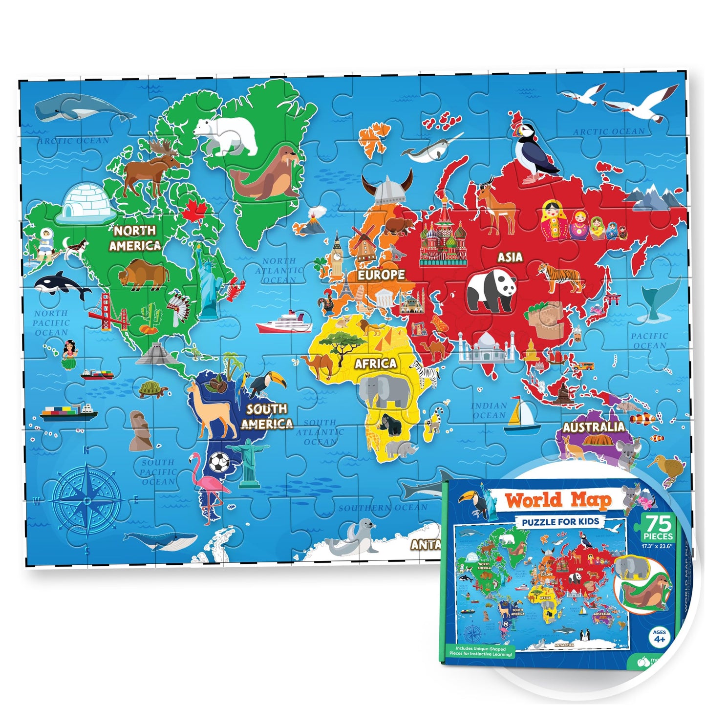Momo & Nashi World Map Puzzle for Kids – 75 Pieces, Geography Learning Gift