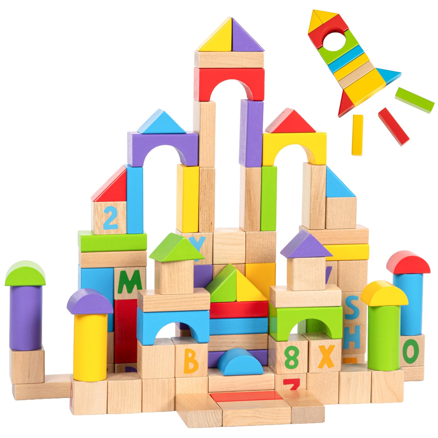 MOMOARI Alphabet & Number Wooden Blocks Set — 100 Blocks, 5 Colors, 7 Shapes | Montessori Toddler Learning Toy