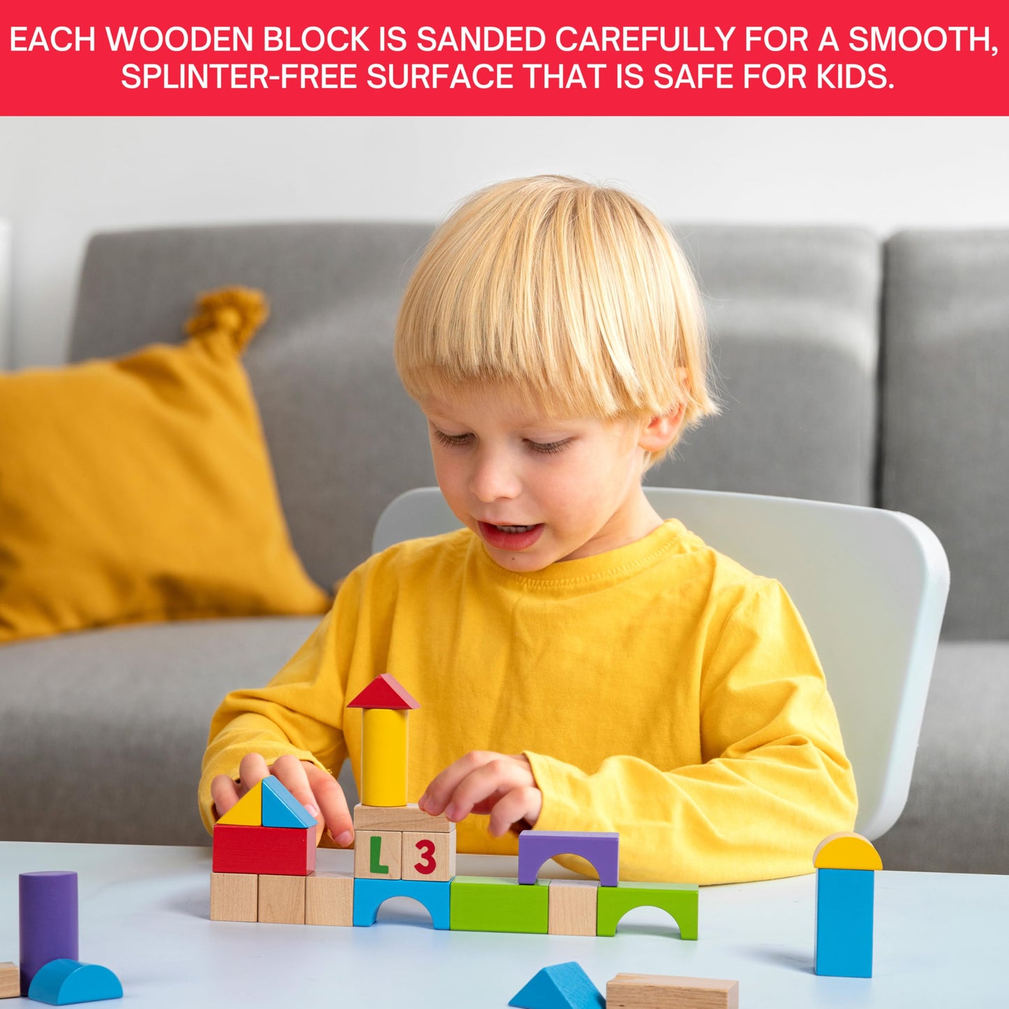 MOMOARI Alphabet & Number Wooden Blocks Set — 100 Blocks, 5 Colors, 7 Shapes | Montessori Toddler Learning Toy