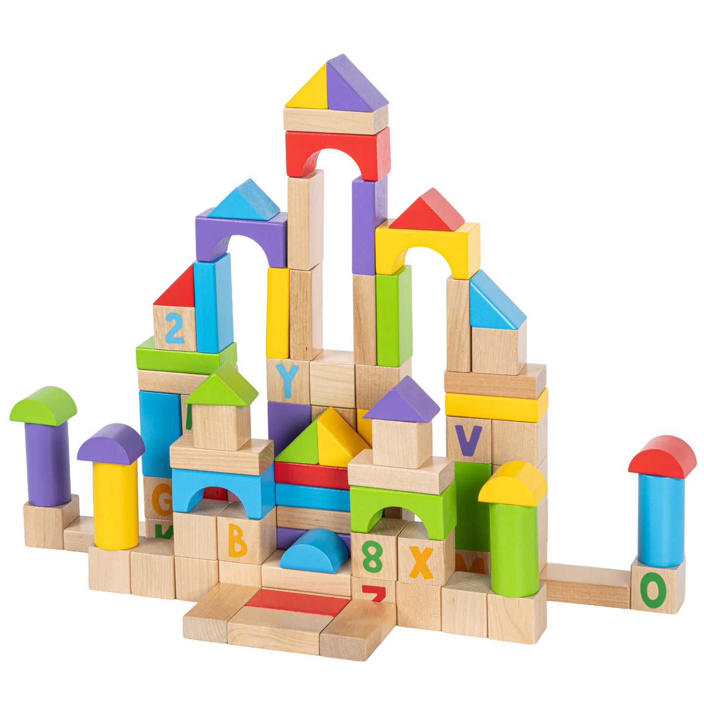 MOMOARI Alphabet & Number Wooden Blocks Set — 100 Blocks, 5 Colors, 7 Shapes | Montessori Toddler Learning Toy