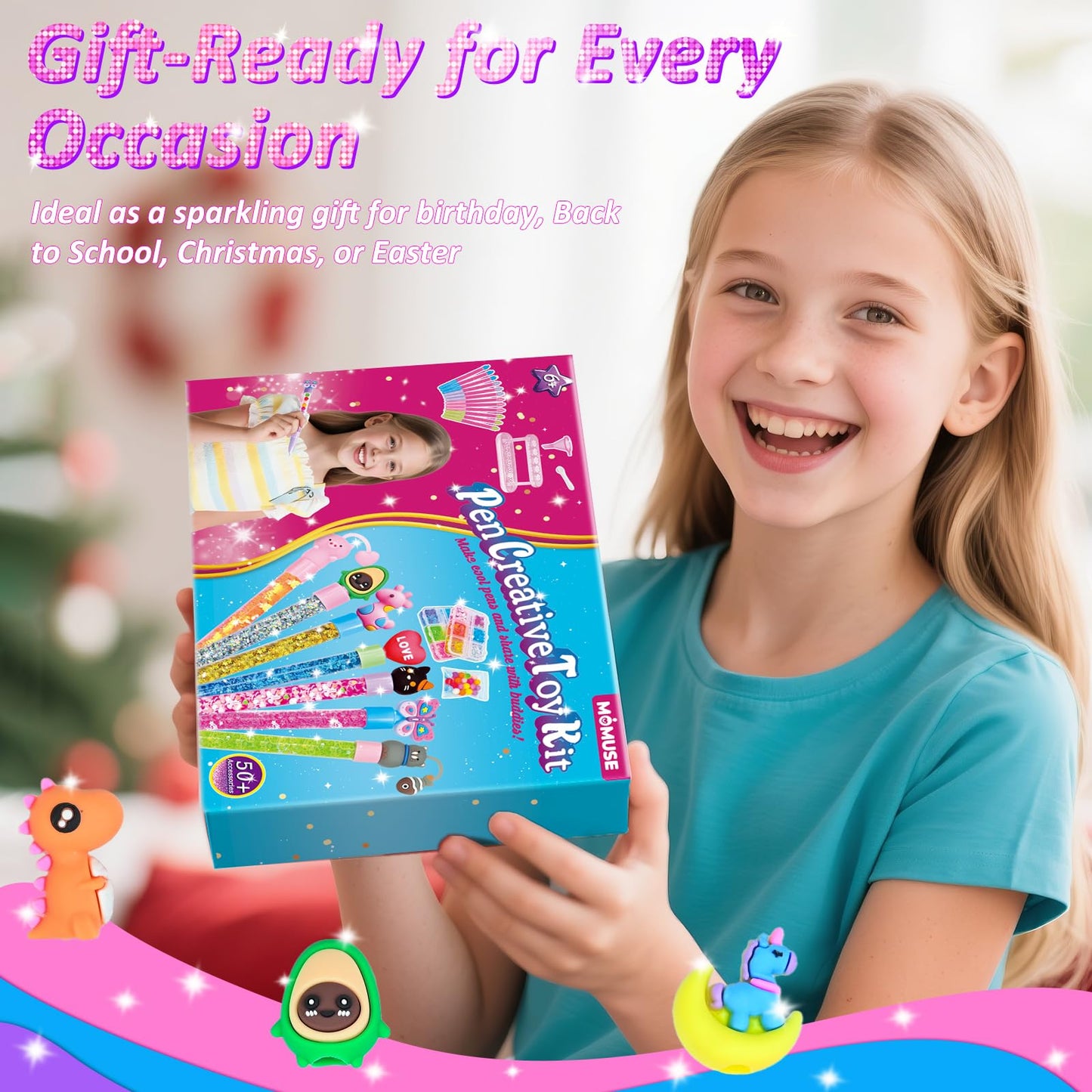 MOMUSE 50 Accessories DIY Pen Making Kit – Create 12 Sparkly Pens with Sequins & Beads for Kids