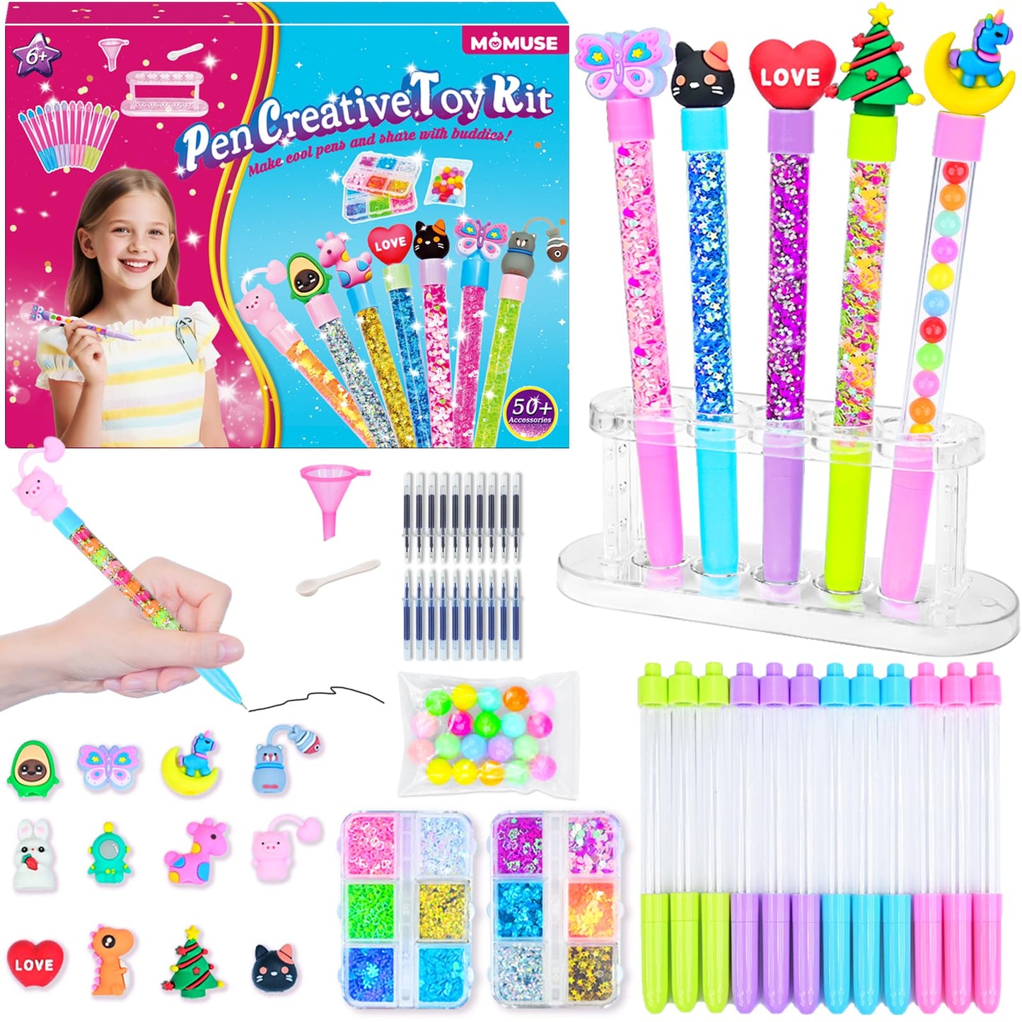 MOMUSE 50 Accessories DIY Pen Making Kit – Create 12 Sparkly Pens with Sequins & Beads for Kids