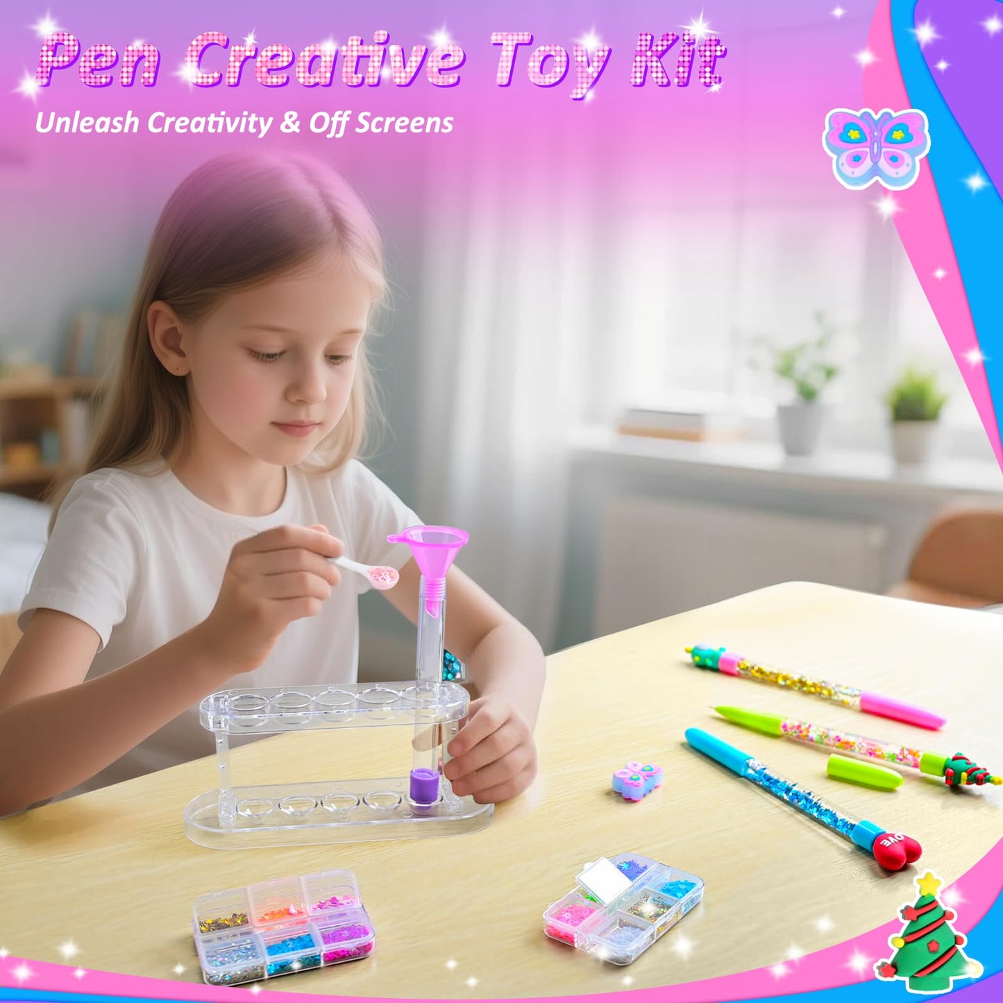 MOMUSE 50 Accessories DIY Pen Making Kit – Create 12 Sparkly Pens with Sequins & Beads for Kids