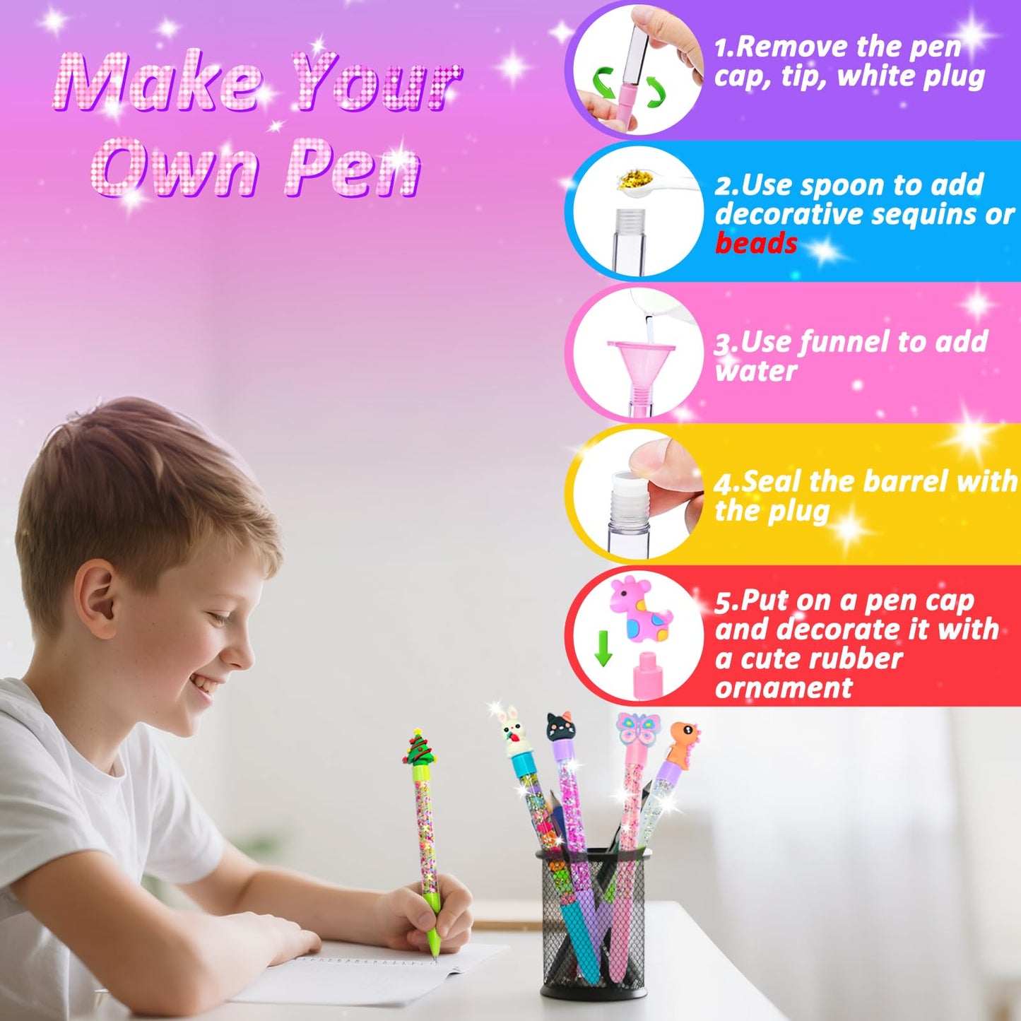 MOMUSE 50 Accessories DIY Pen Making Kit – Create 12 Sparkly Pens with Sequins & Beads for Kids