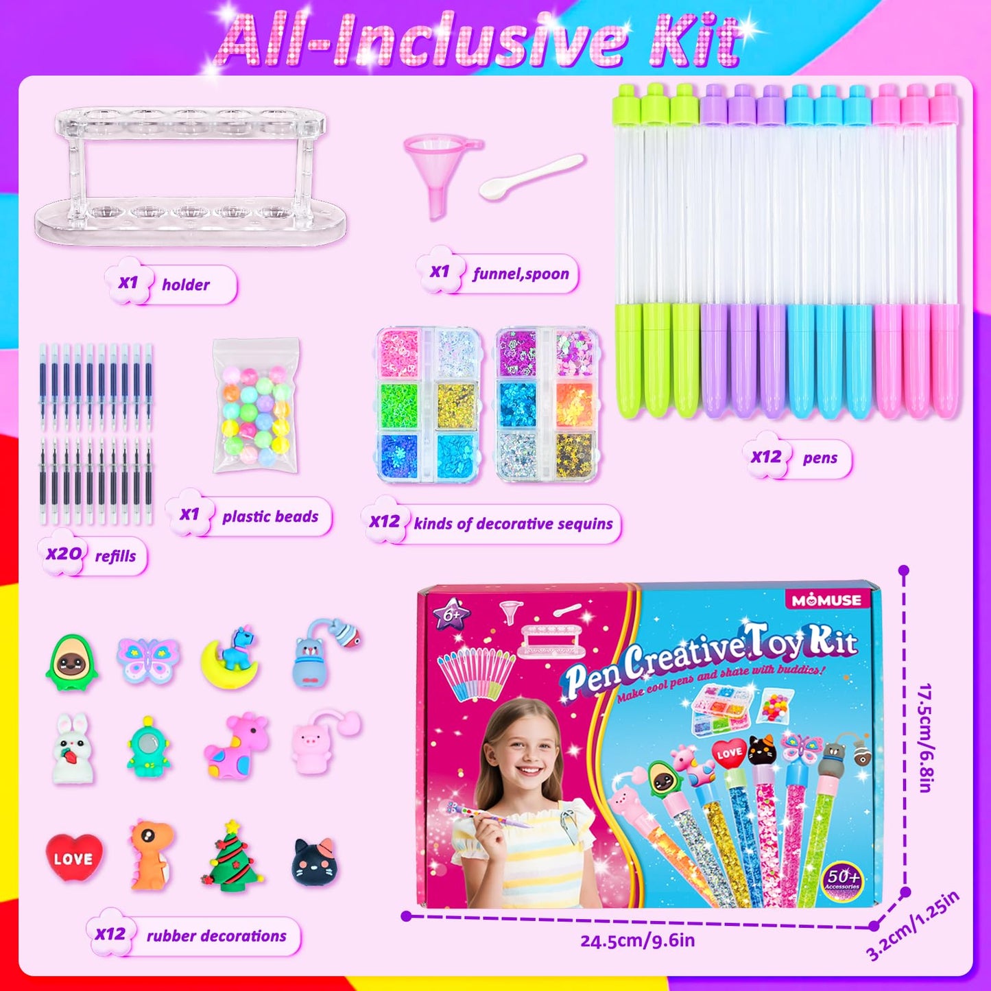 MOMUSE 50 Accessories DIY Pen Making Kit – Create 12 Sparkly Pens with Sequins & Beads for Kids