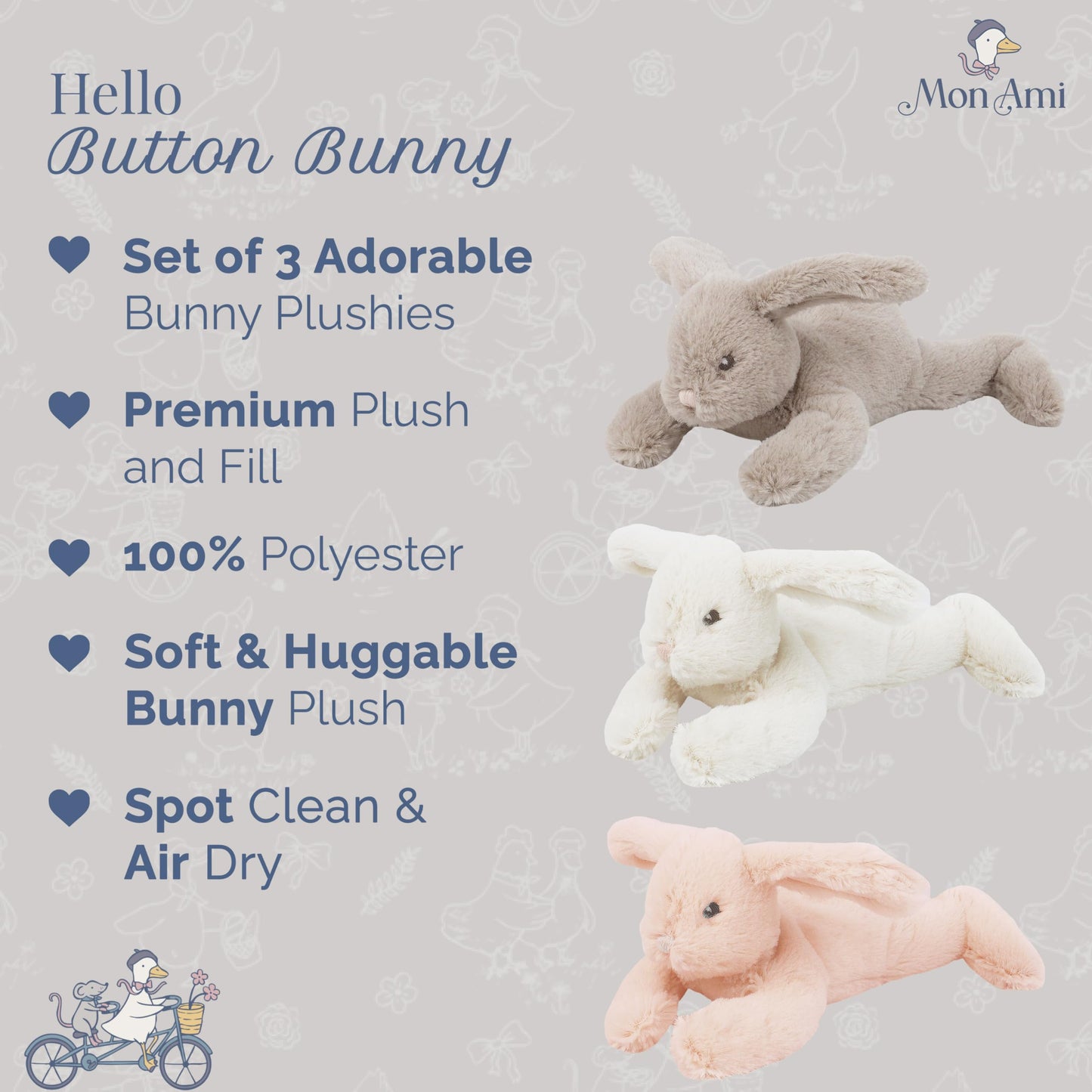 MON AMI Button Bunny Plush Set – 3-Piece 7” Rabbit Stuffed Animals for Baby Snuggles, Playtime, and Nursery Decor
