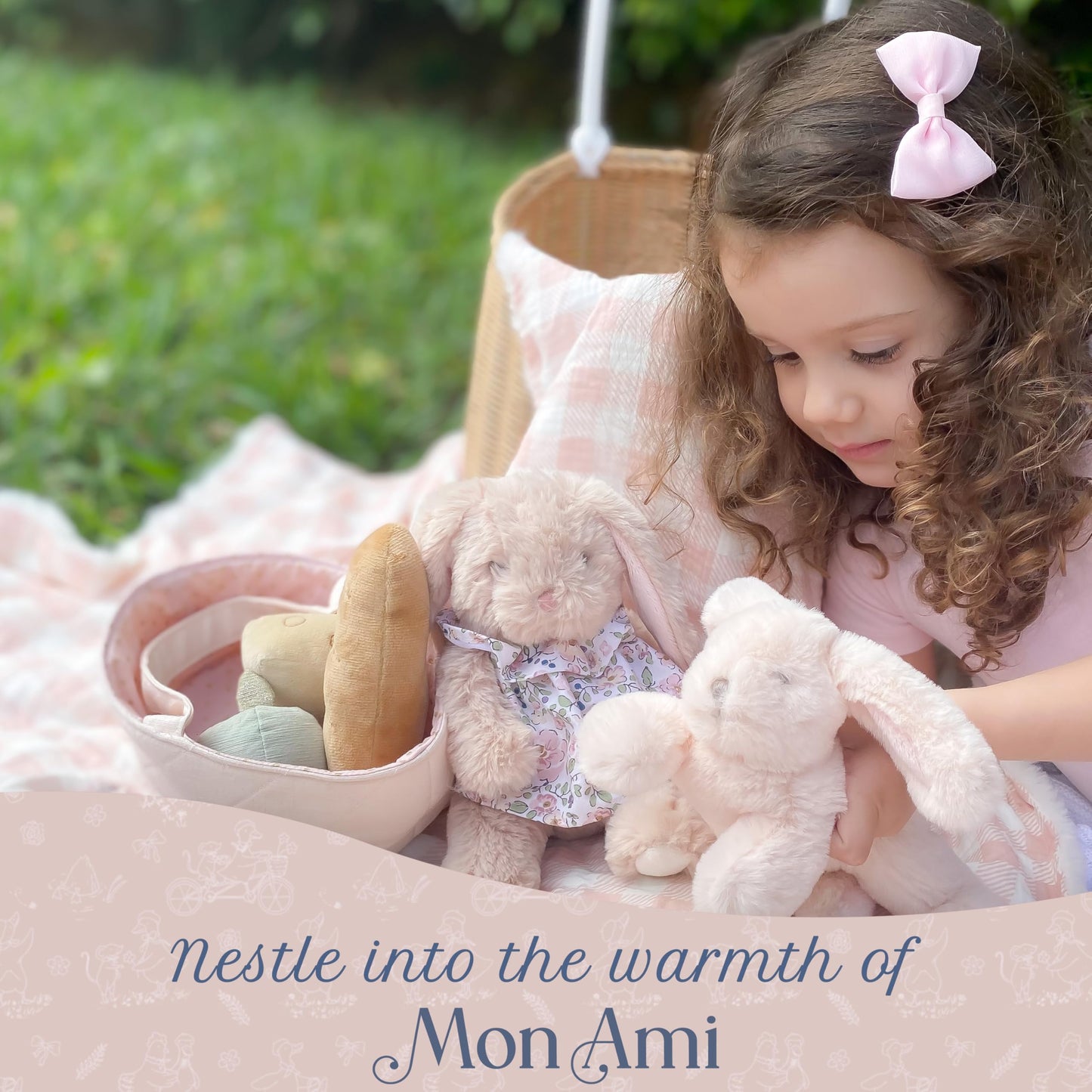 MON AMI Button Bunny Plush Set – 3-Piece 7” Rabbit Stuffed Animals for Baby Snuggles, Playtime, and Nursery Decor