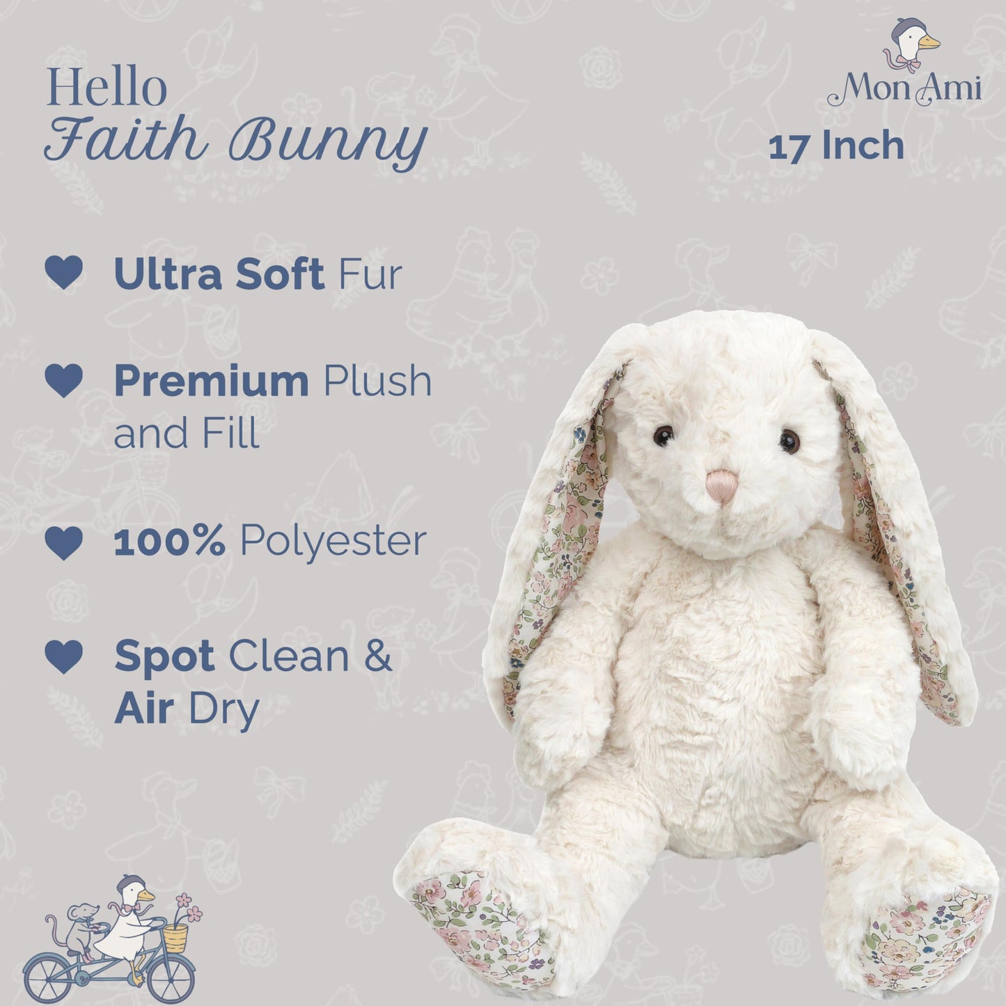 MON AMI Faith Bunny Large Plush — 17-Inch Cream Rabbit for Cuddles & Decor