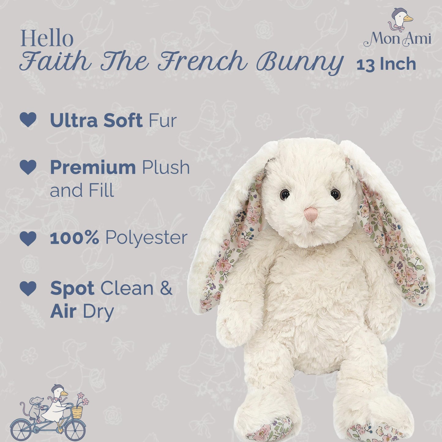 MON AMI Faith The French Bunny Plush Toy — 13-Inch Soft Plush for Nursery Decor & Cozy Companion