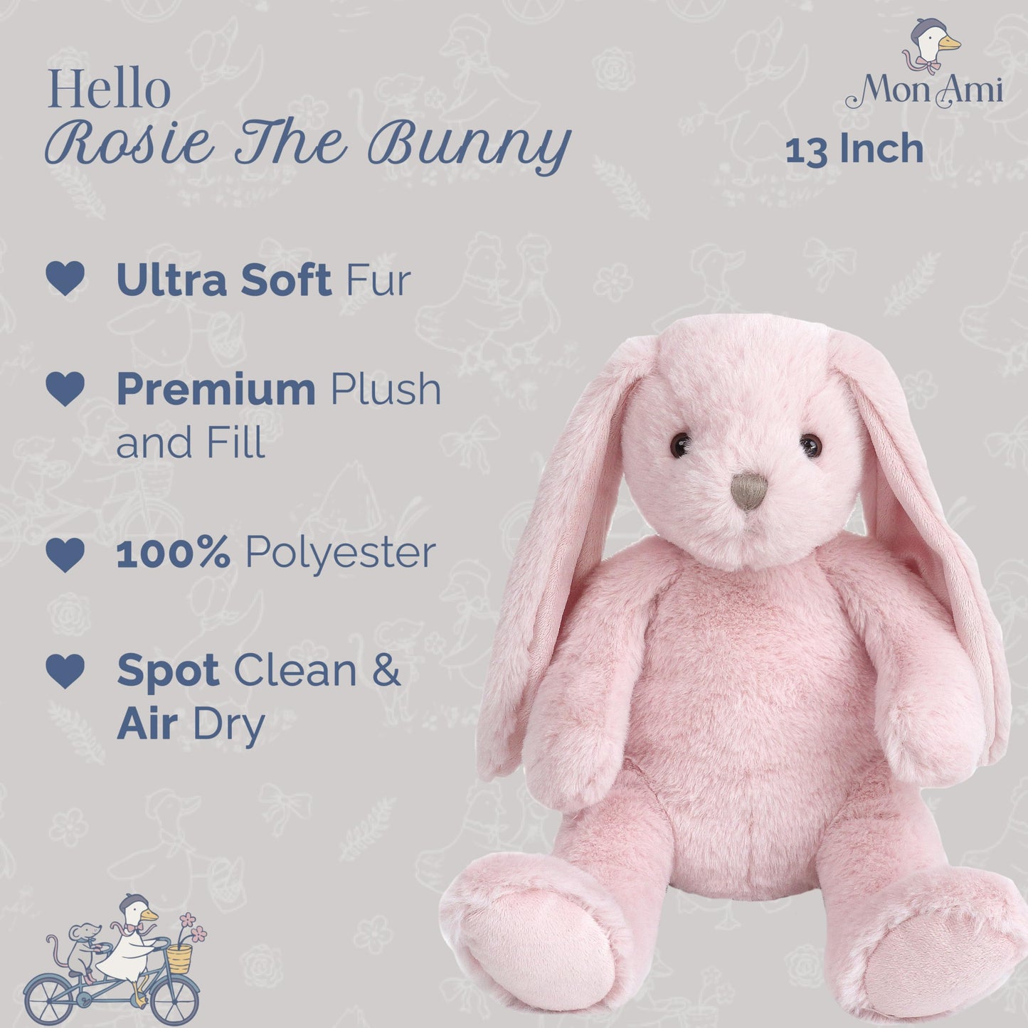 MON AMI Rosie The Bunny — 13-Inch Pink Plush Rabbit | Cuddly Toy & Nursery Decor