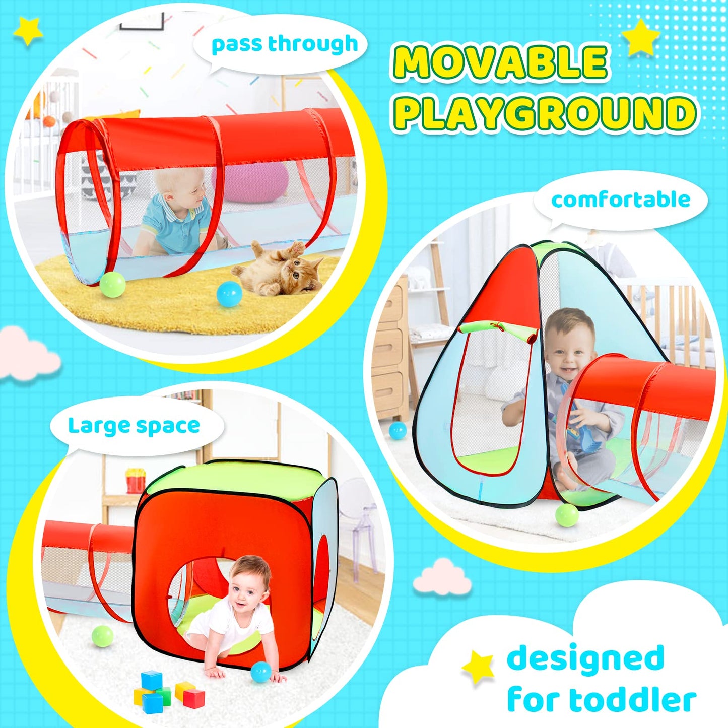 Moncoland 3pc Kids Play Tent with Ball Pit, Crawl Tunnel & Castle