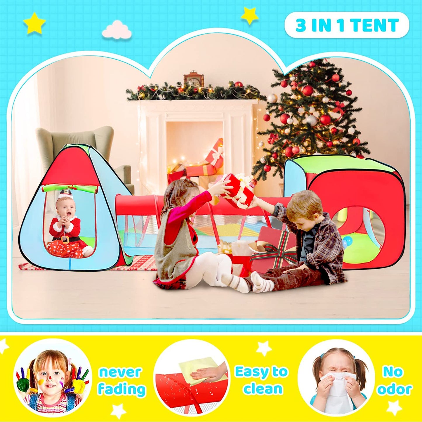 Moncoland 3pc Kids Play Tent with Ball Pit, Crawl Tunnel & Castle