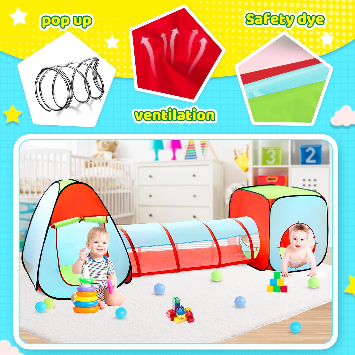 Moncoland 3pc Kids Play Tent with Ball Pit, Crawl Tunnel & Castle
