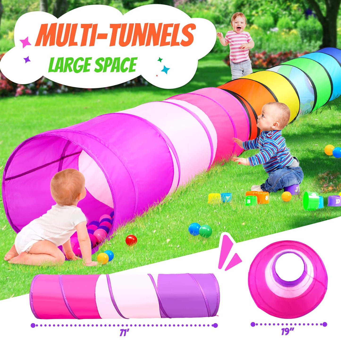 Moncoland 2-Pack Kids Play Tunnel Tent – 6-ft Pop Up Tunnels Rainbow & Pink