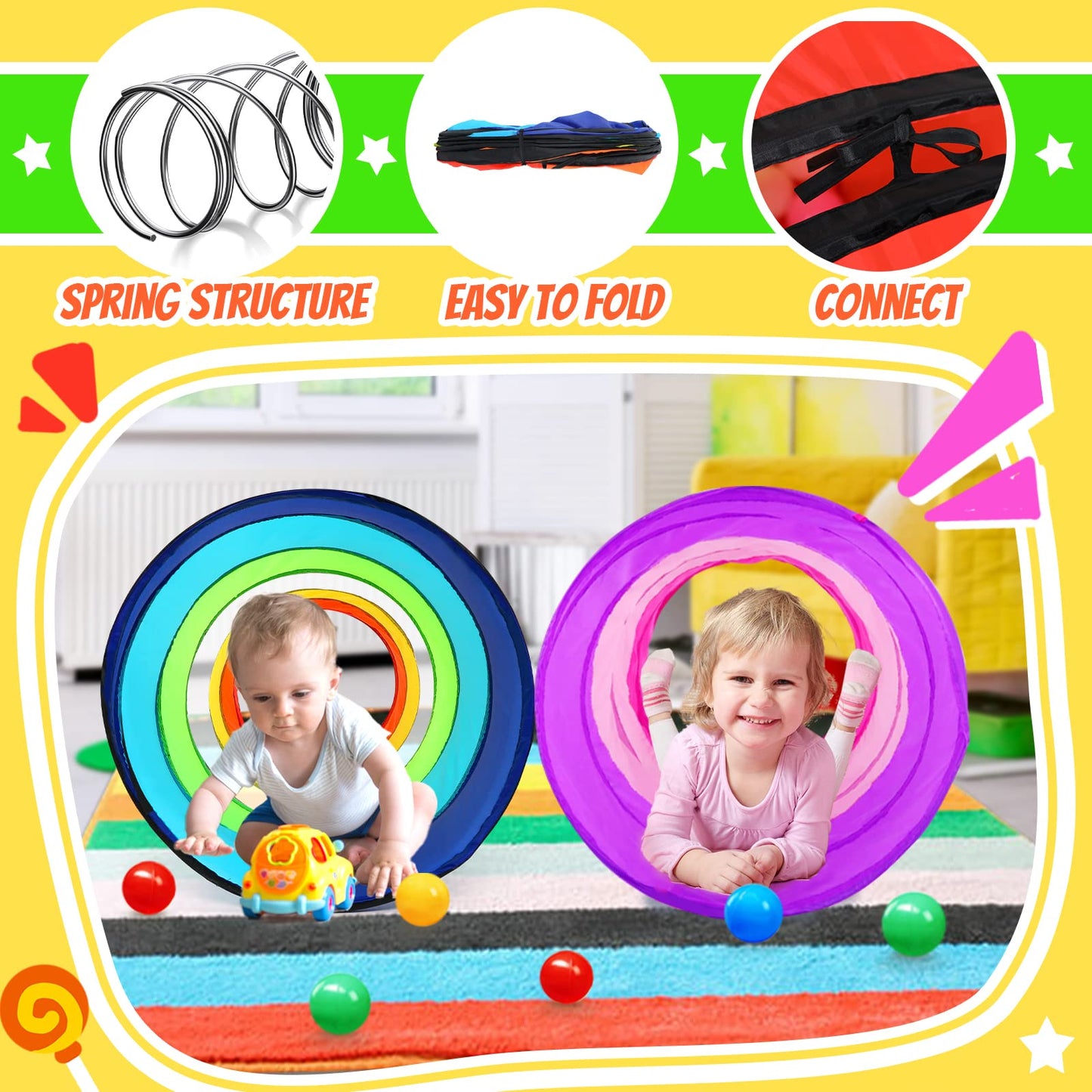 Moncoland 2-Pack Kids Play Tunnel Tent – 6-ft Pop Up Tunnels Rainbow & Pink