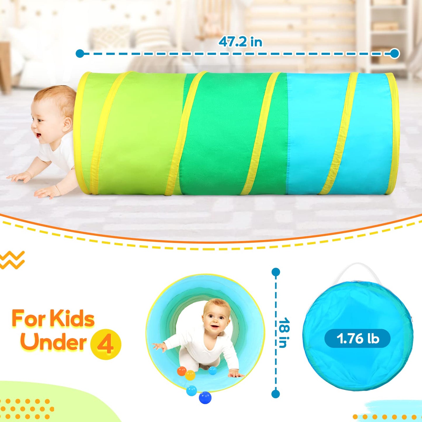 Moncoland Kids Play Tunnel Tent – Colorful Cotton Pop Up Crawl Tunnel for Toddlers