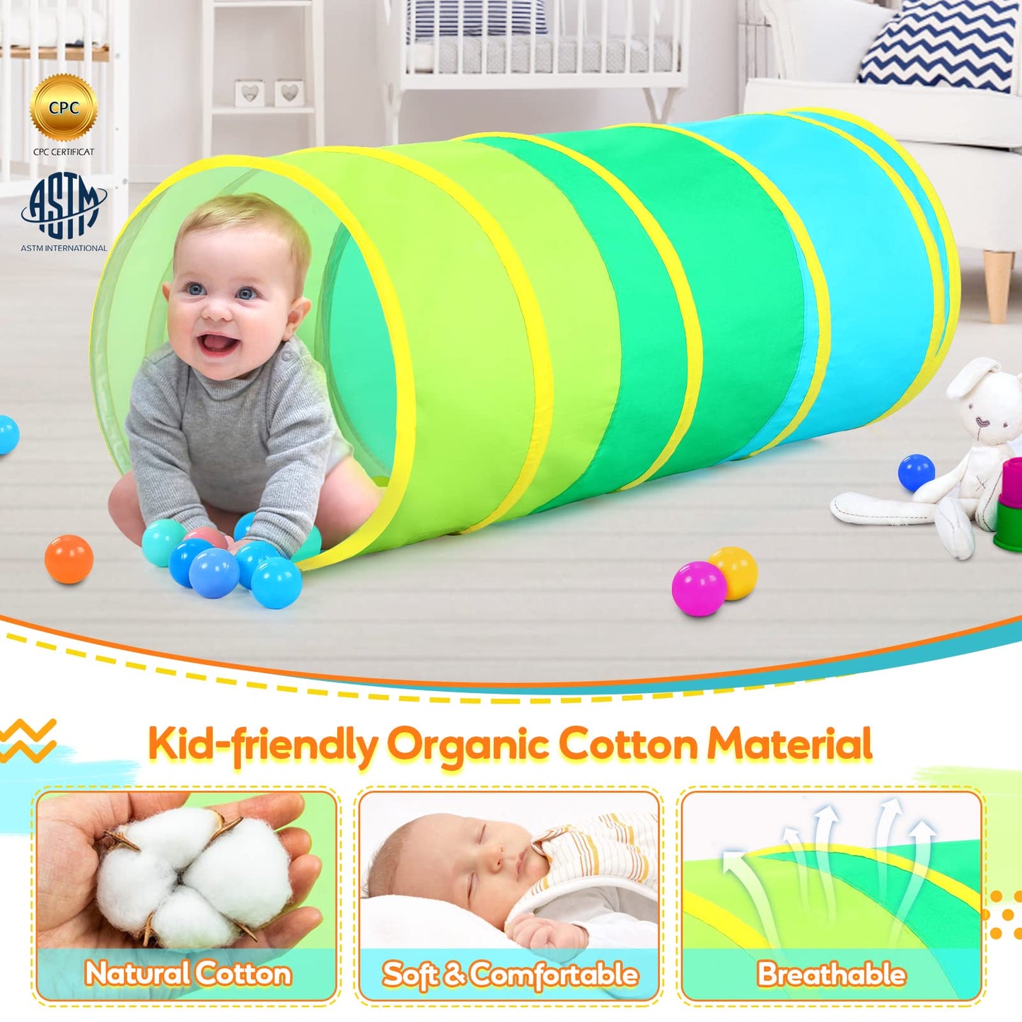 Moncoland Kids Play Tunnel Tent – Colorful Cotton Pop Up Crawl Tunnel for Toddlers