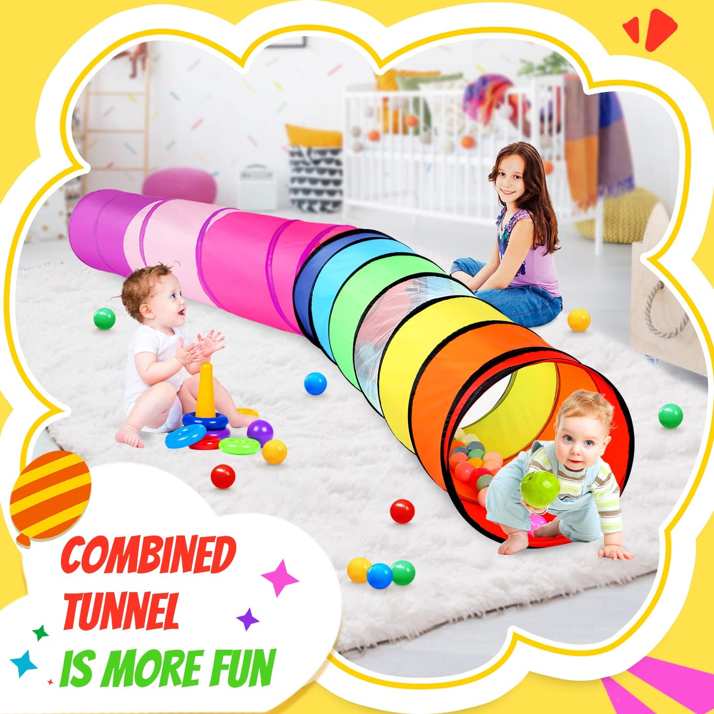Moncoland 2-Pack Kids Play Tunnel Tent – 6-ft Pop Up Tunnels Rainbow & Pink