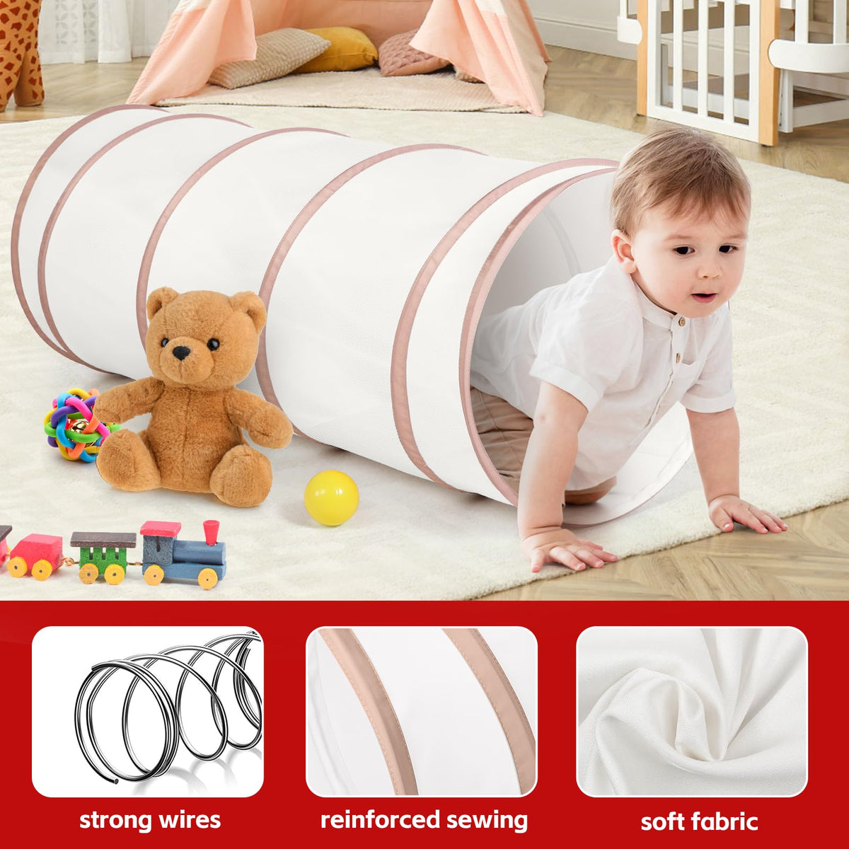 Moncoland Kids Play Tunnel Tent for Toddlers – Pop Up Crawl Tunnel, Indoor/Outdoor (Beige)