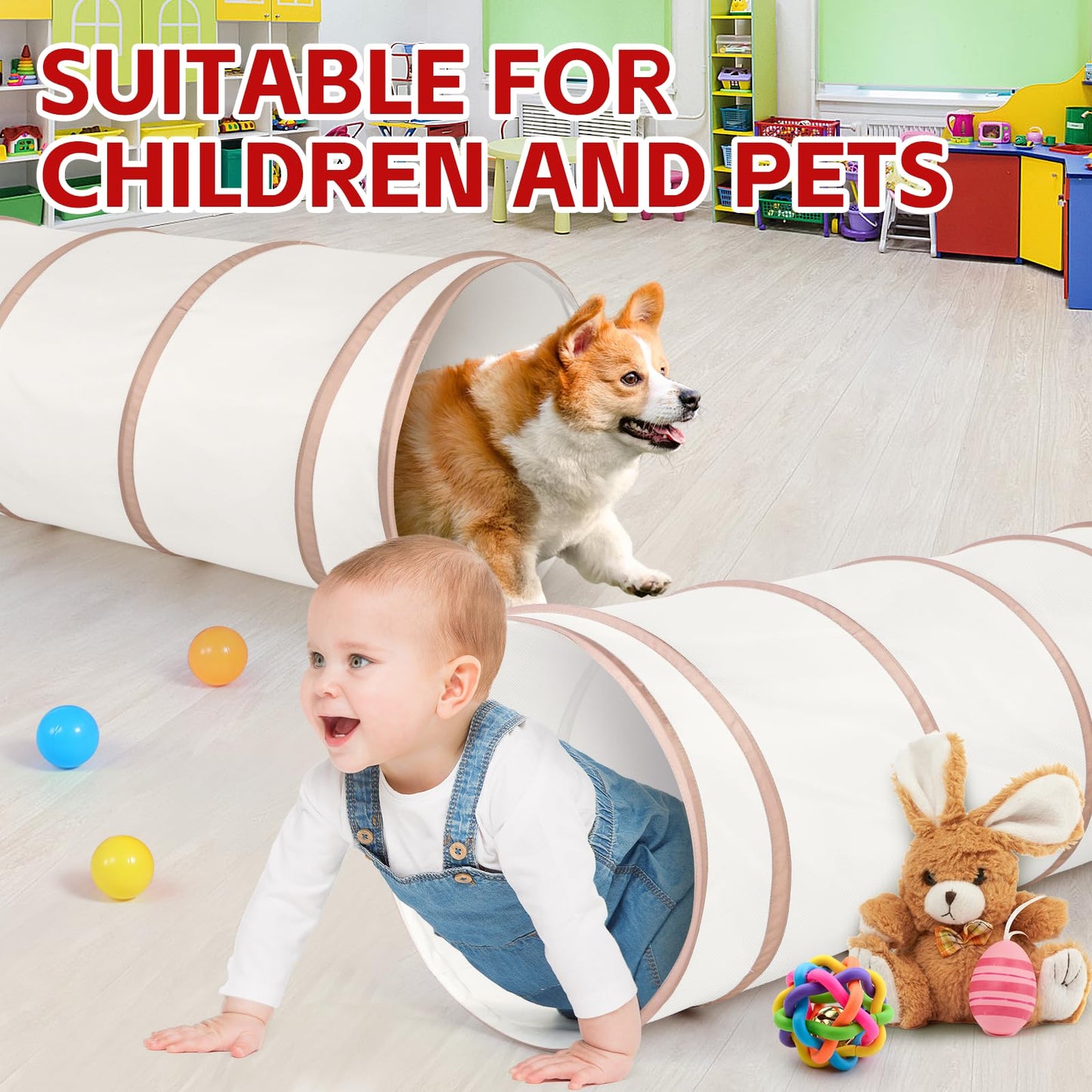 Moncoland Kids Play Tunnel Tent for Toddlers – Pop Up Crawl Tunnel, Indoor/Outdoor (Beige)