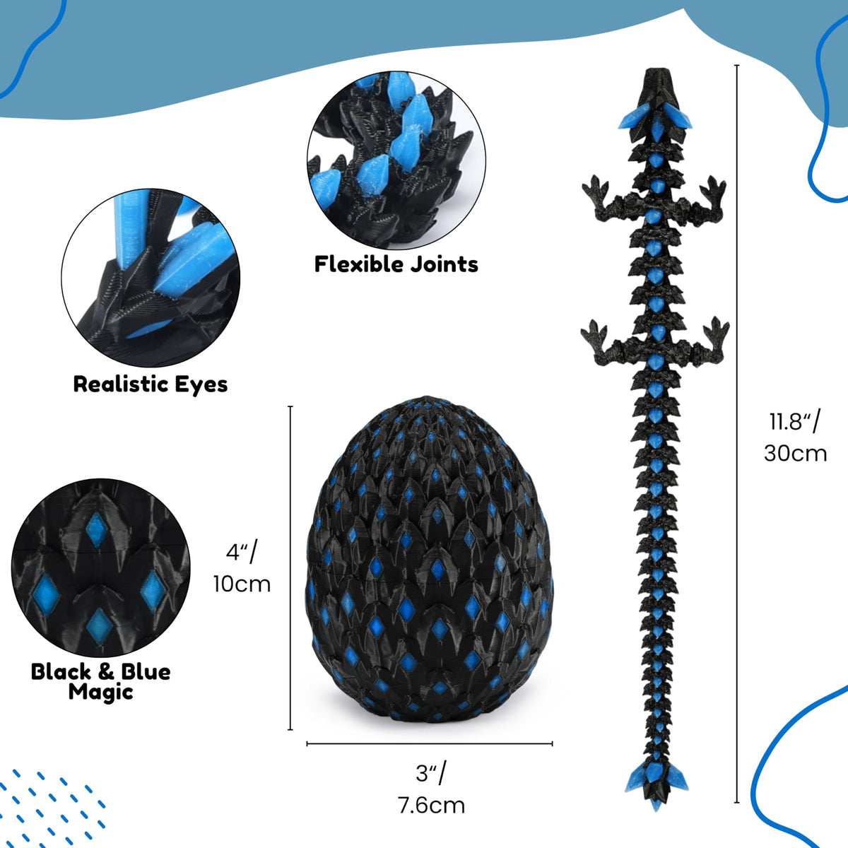 Monjita Glow-in-the-Dark Dragon Egg Toy | 3D Printed, Articulated Fidget Figure (Blue)