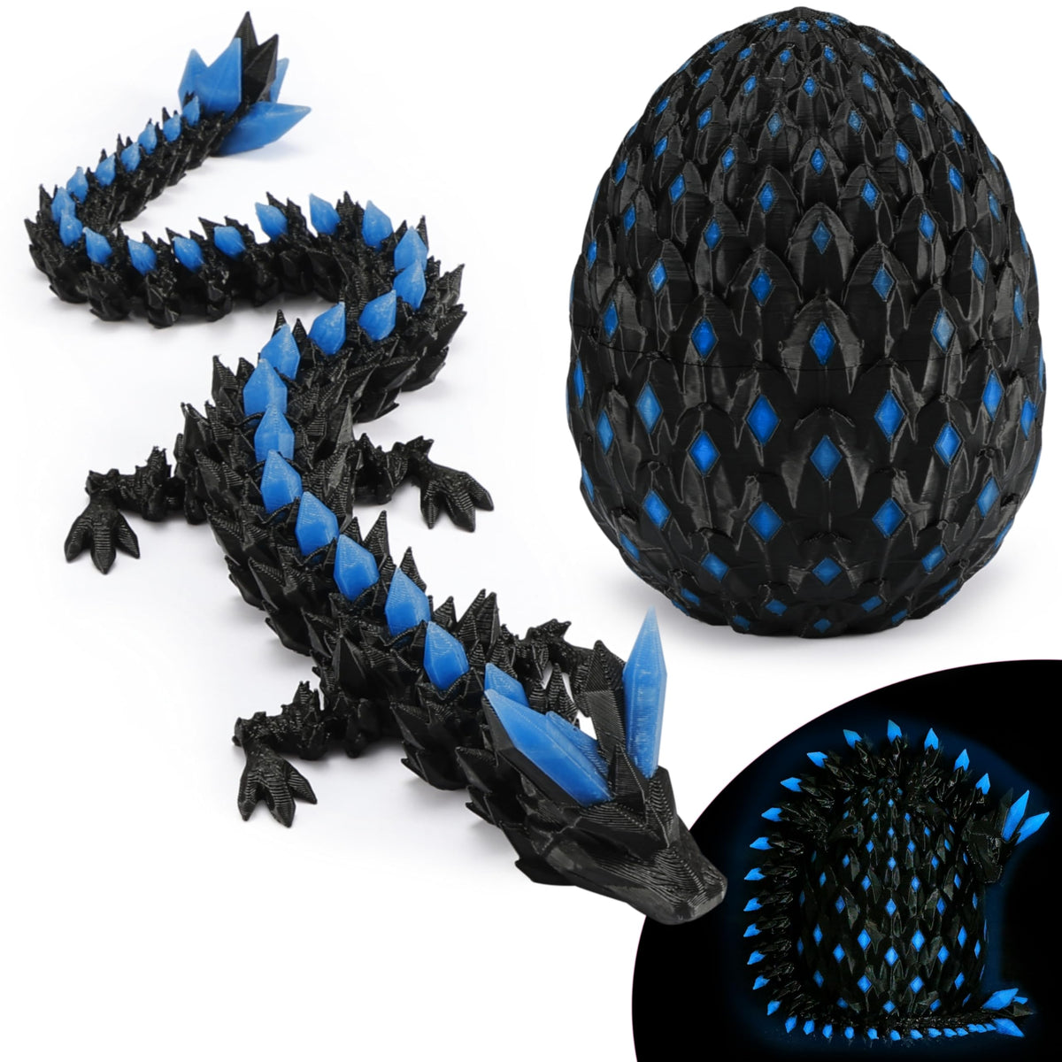 Monjita Glow-in-the-Dark Dragon Egg Toy | 3D Printed, Articulated Fidget Figure (Blue)