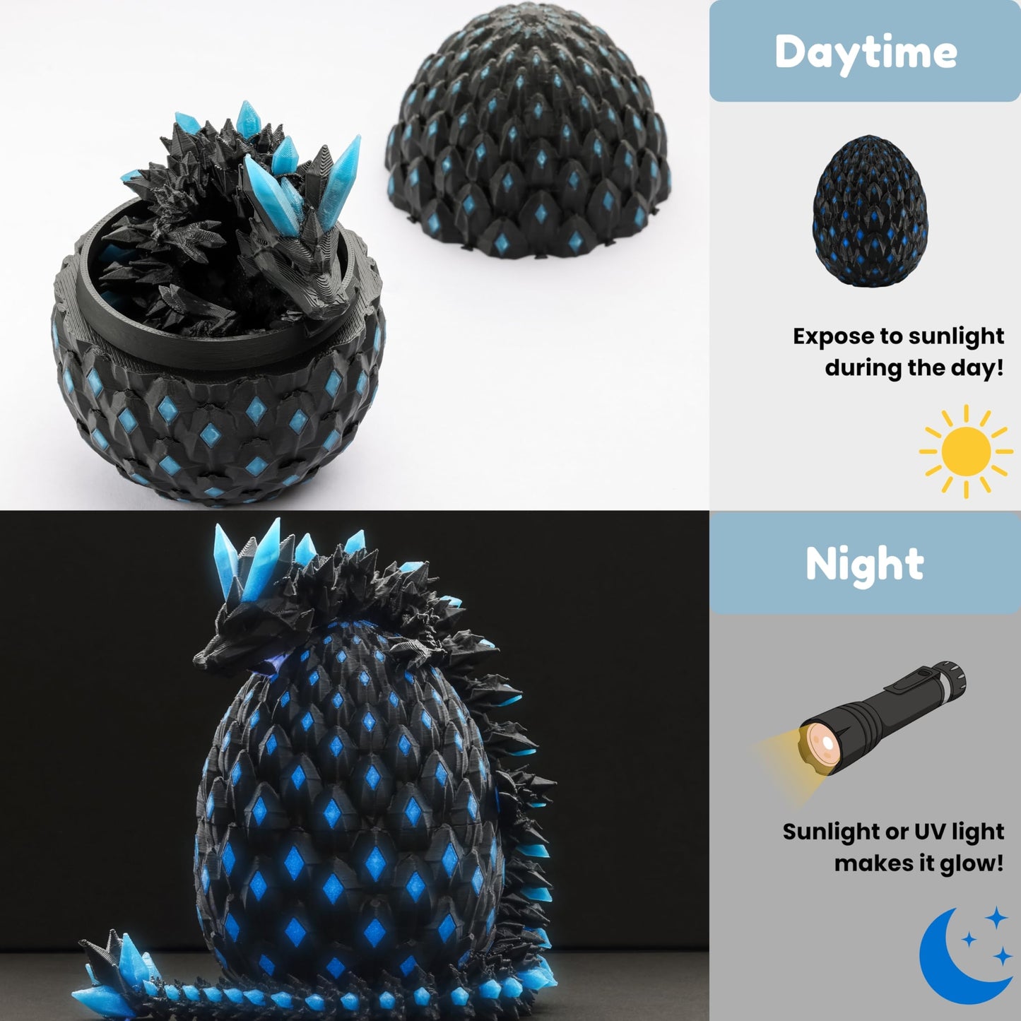 Monjita Glow-in-the-Dark Dragon Egg Toy | 3D Printed, Articulated Fidget Figure (Blue)