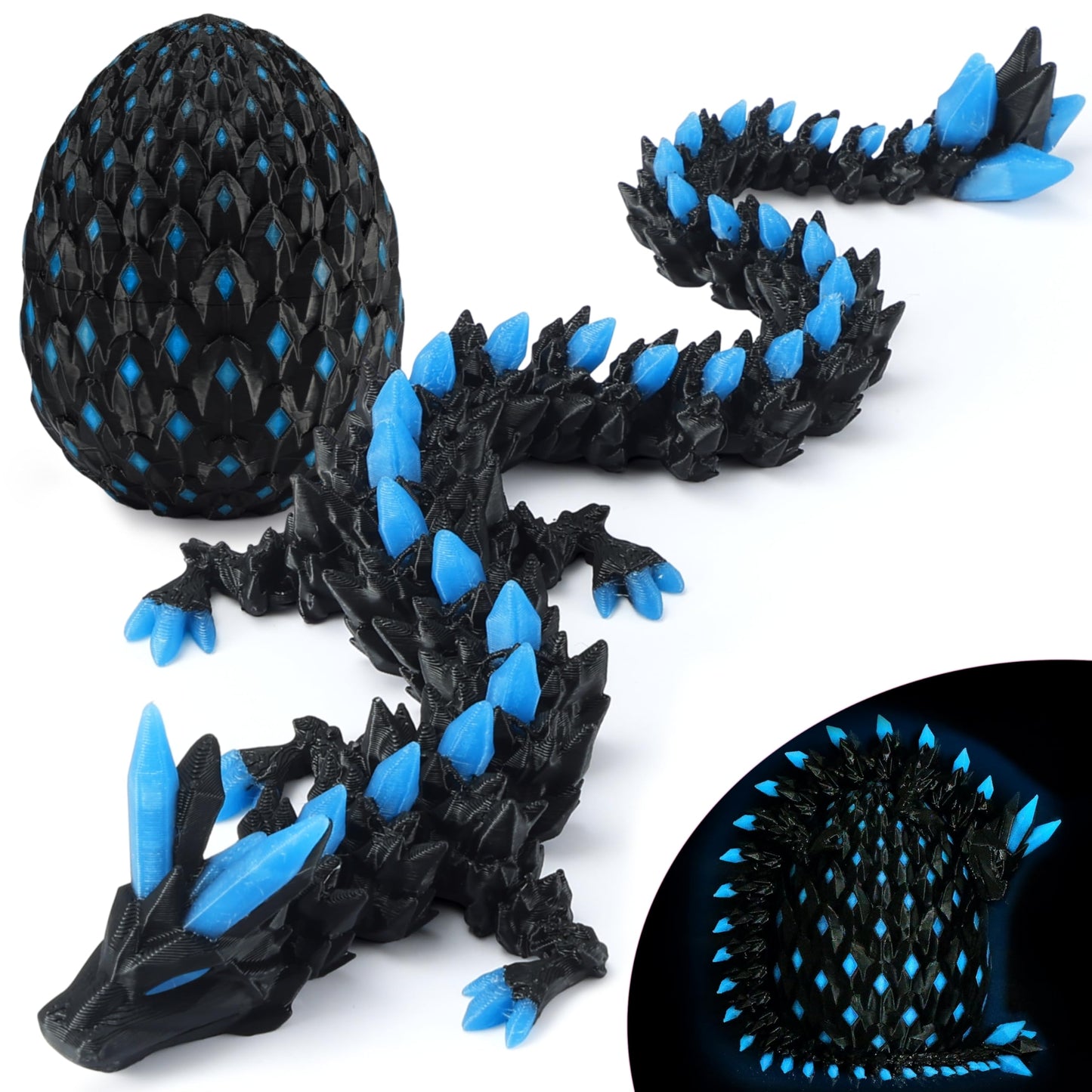 Monjita Glow-in-the-Dark Dragon Egg Toy | 3D Printed, Articulated Fidget Figure (Blue)