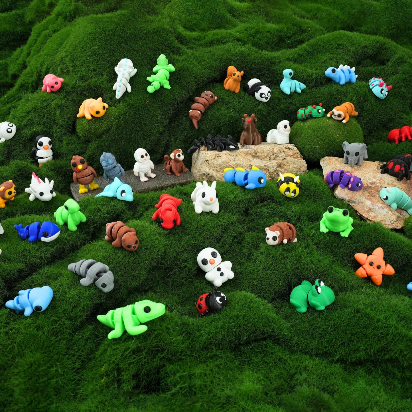 MONJITA 50 Pcs Mini 3D Printed Animal Figurines – Articulated Fidget Toys & Desk Decor