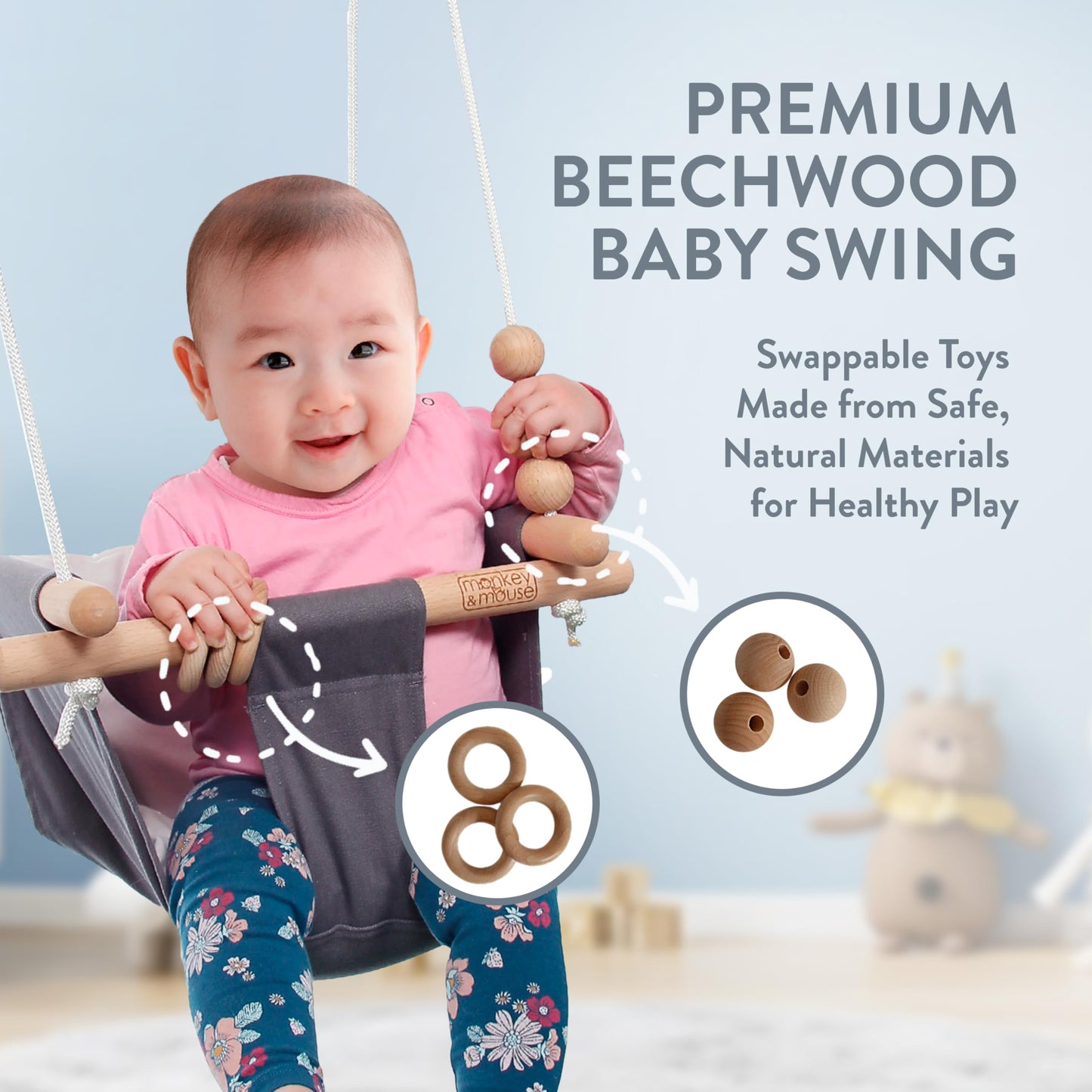 Monkey & Mouse Baby Swing – Cream Indoor Outdoor Hanging Chair for 6 Months to 4 Years