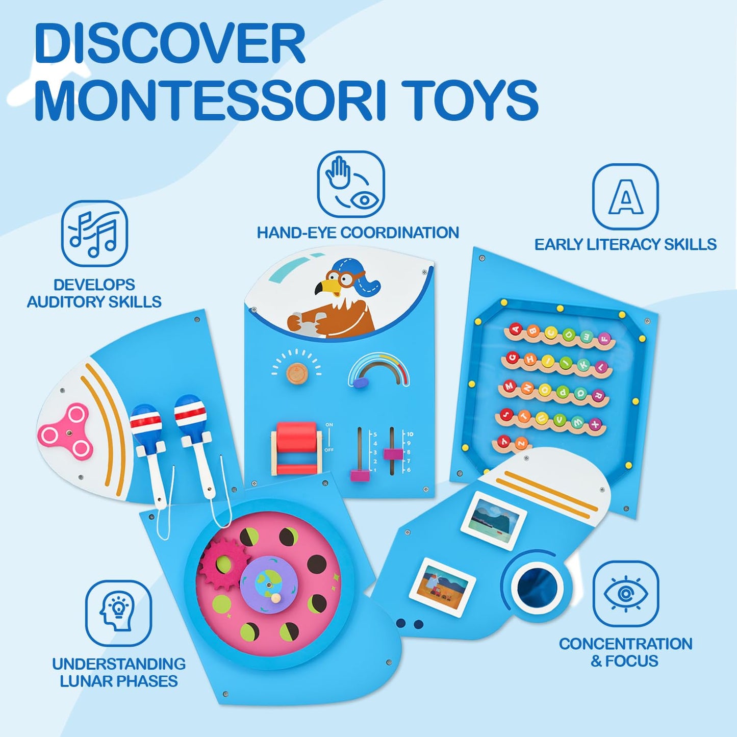 Monläurd Wooden Airplane Activity Wall Panel – Montessori Busy Board for Toddlers 1-3