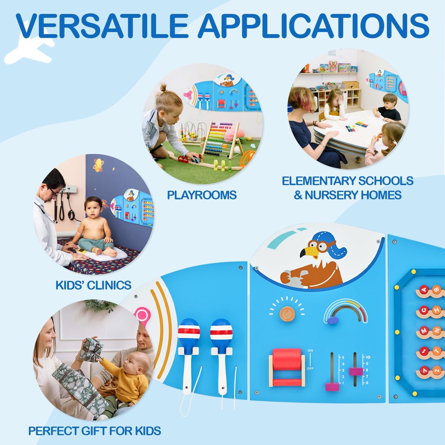 Monläurd Wooden Airplane Activity Wall Panel – Montessori Busy Board for Toddlers 1-3