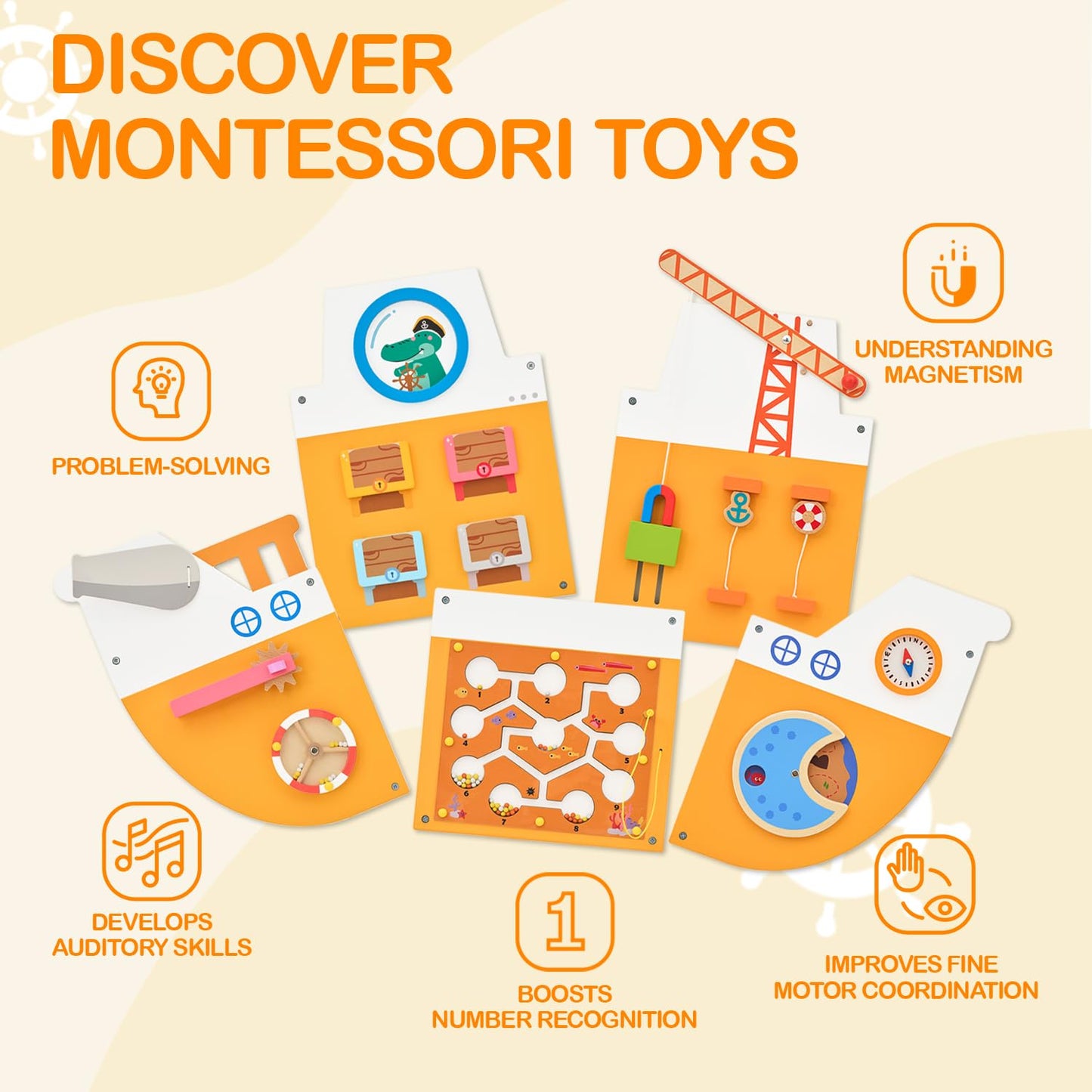 Monläurd Wooden Ship Activity Wall Panel – Montessori Busy Board for Toddlers