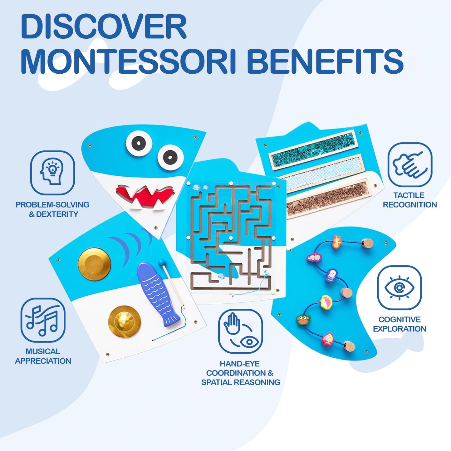 Monläurd Shark Montessori Busy Board – Sensory Wall Panel for Learning & Play (6M+)