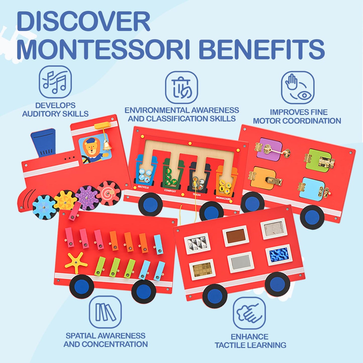 Monläurd Wooden Train Activity Wall Panel — Montessori Sensory Wall Toy for Toddlers