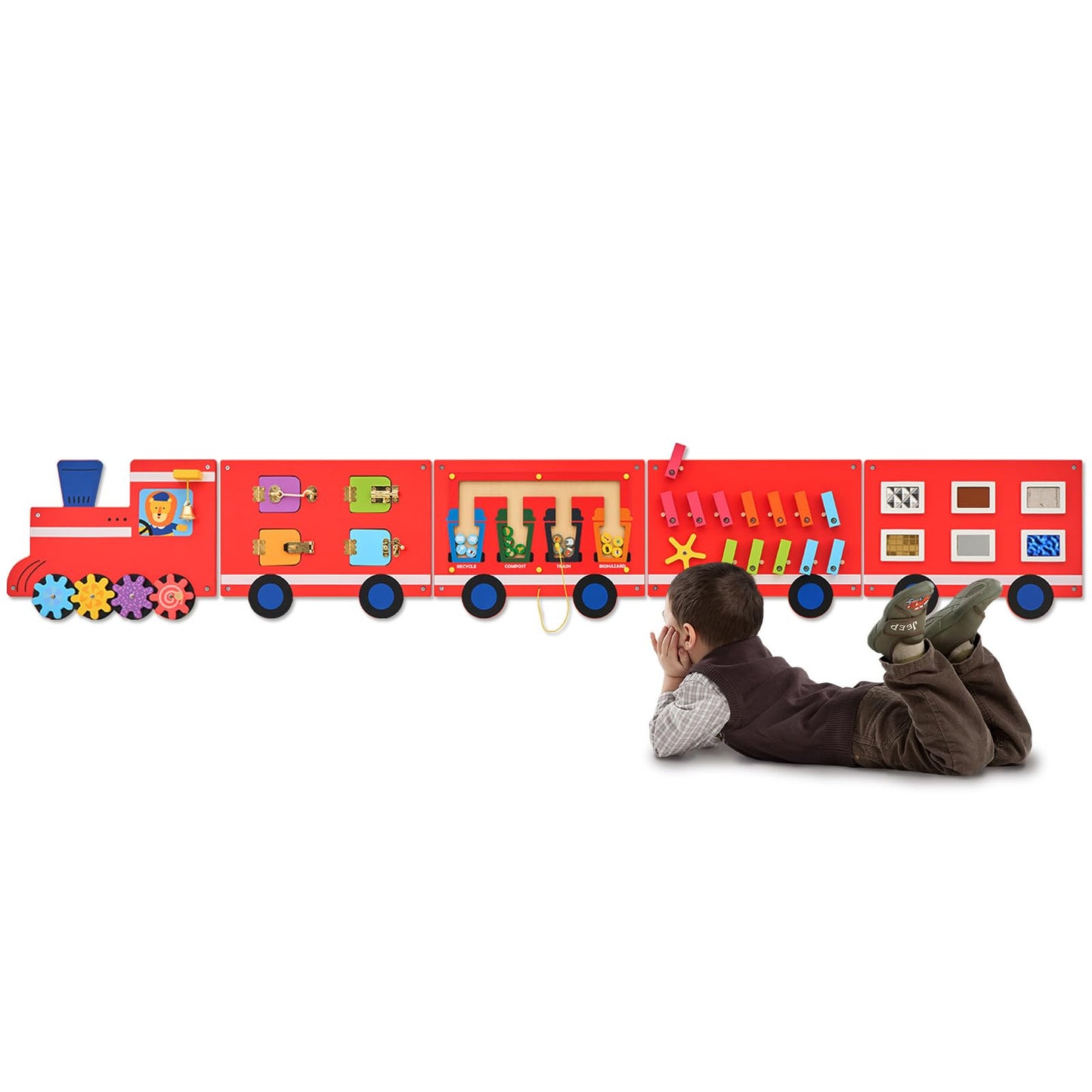 Monläurd Wooden Train Activity Wall Panel — Montessori Sensory Wall Toy for Toddlers