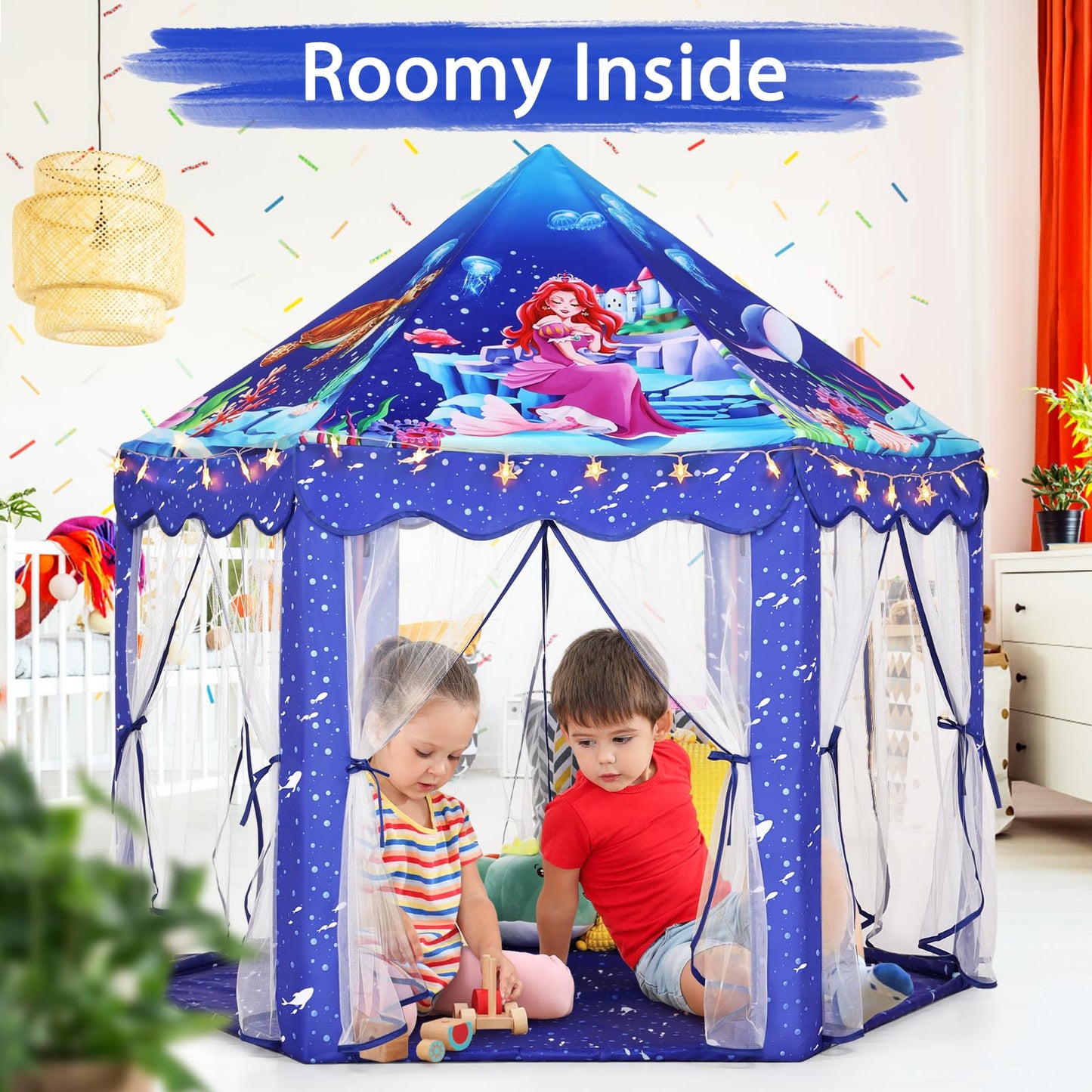 Monobeach Mermaid Princess Tent – Large Blue Playhouse with Star Lights