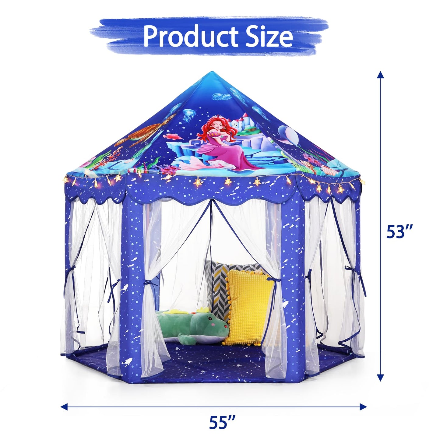 Monobeach Mermaid Princess Tent – Large Blue Playhouse with Star Lights
