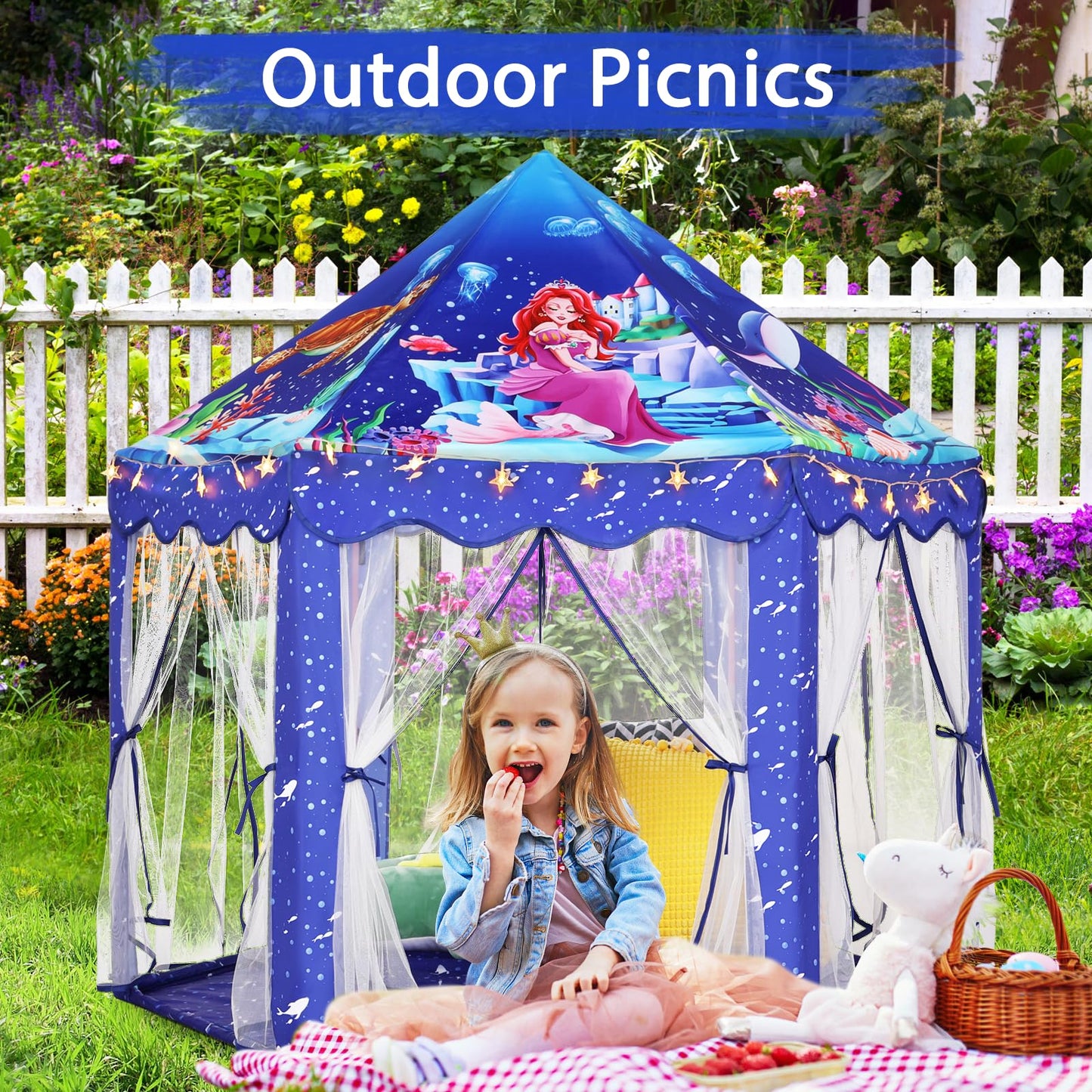 Monobeach Mermaid Princess Tent – Large Blue Playhouse with Star Lights