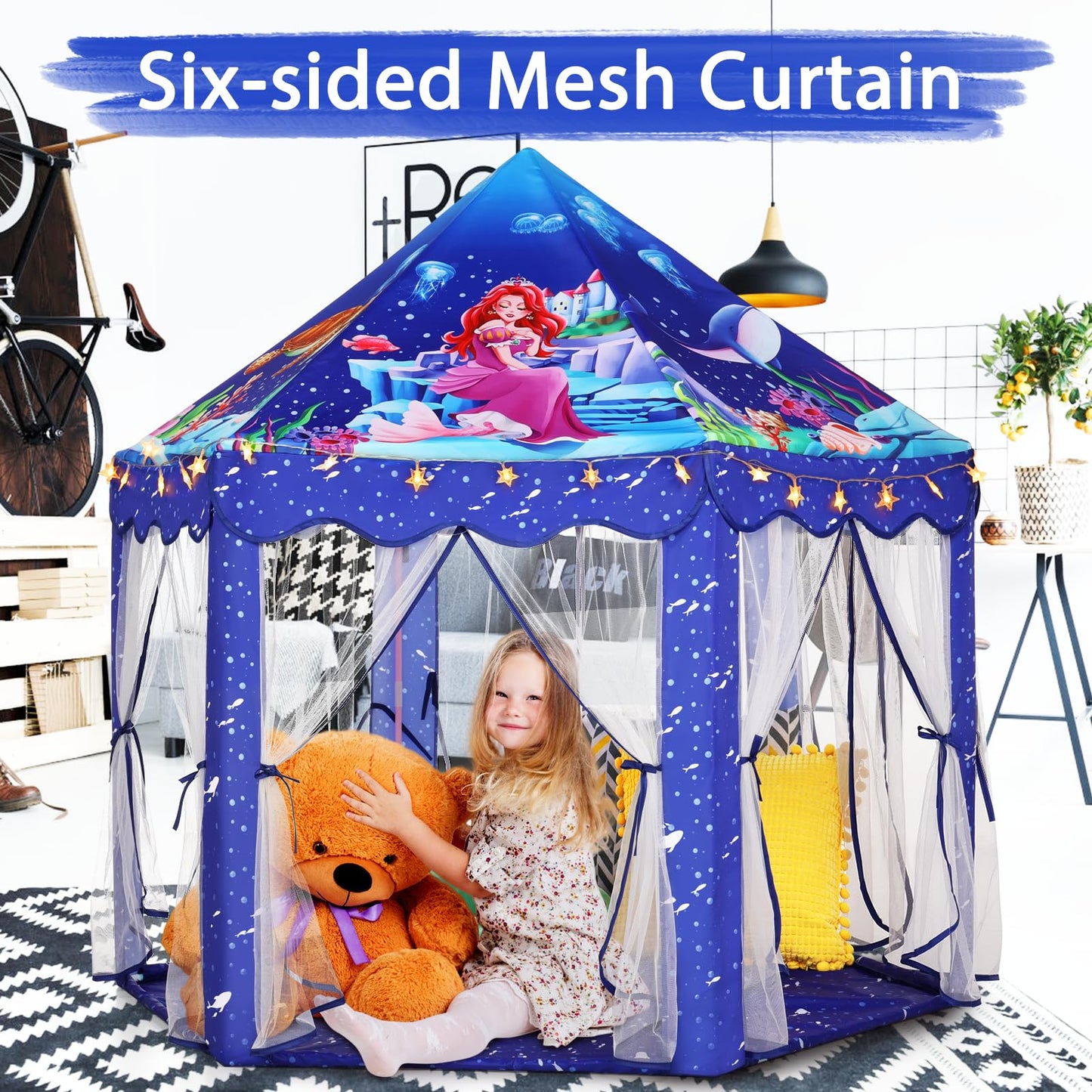 Monobeach Mermaid Princess Tent – Large Blue Playhouse with Star Lights