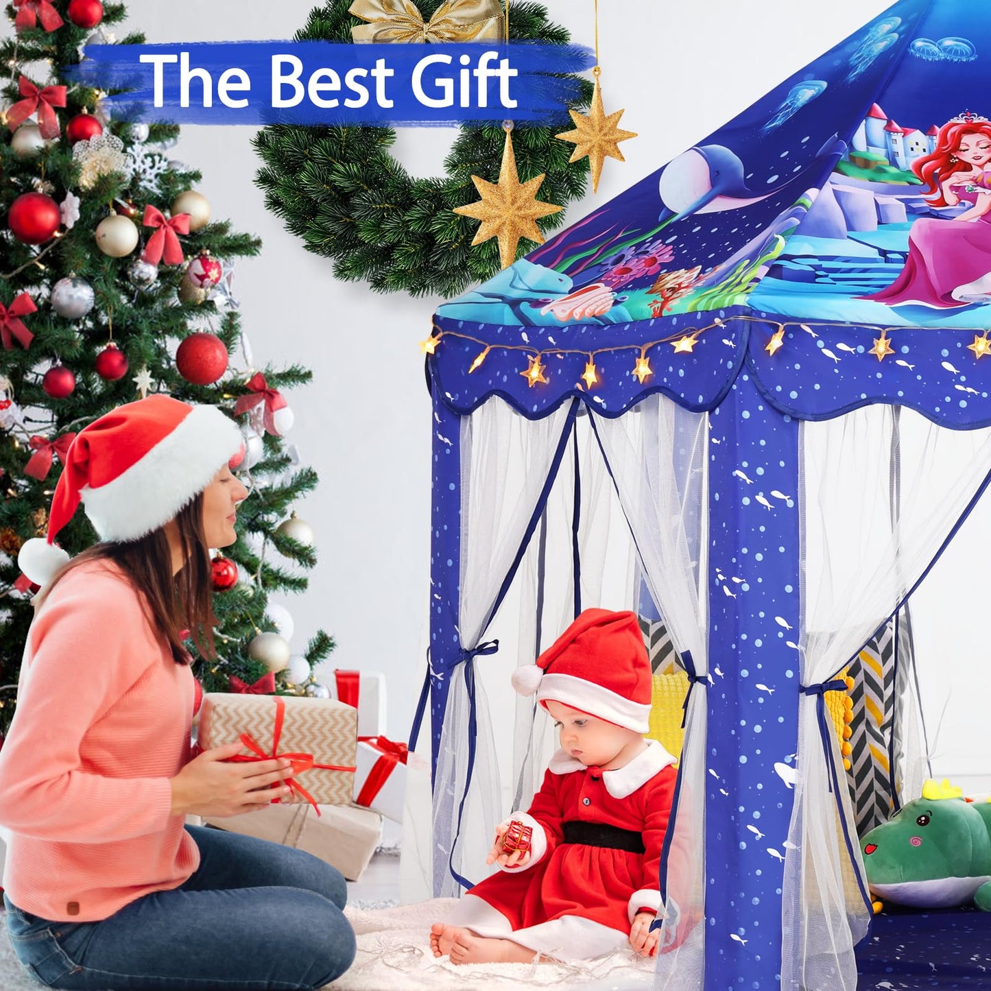 Monobeach Mermaid Princess Tent – Large Blue Playhouse with Star Lights