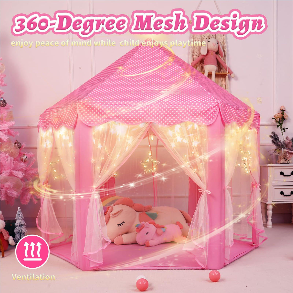 Monobeach Princess Castle Play Tent – Large 55'' x 53'' Indoor/Outdoor Playhouse with Star Lights