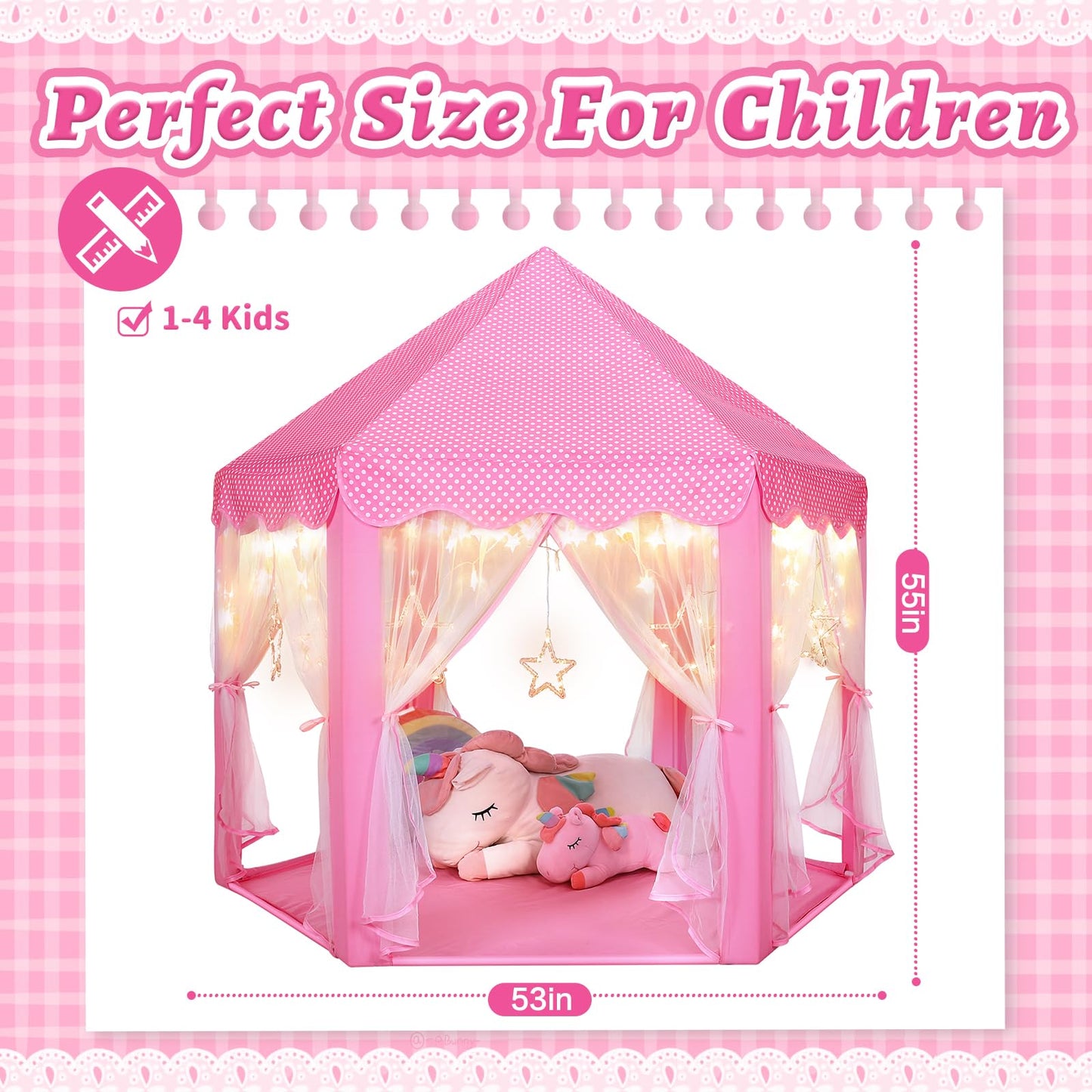 Monobeach Princess Castle Play Tent – Large 55'' x 53'' Indoor/Outdoor Playhouse with Star Lights