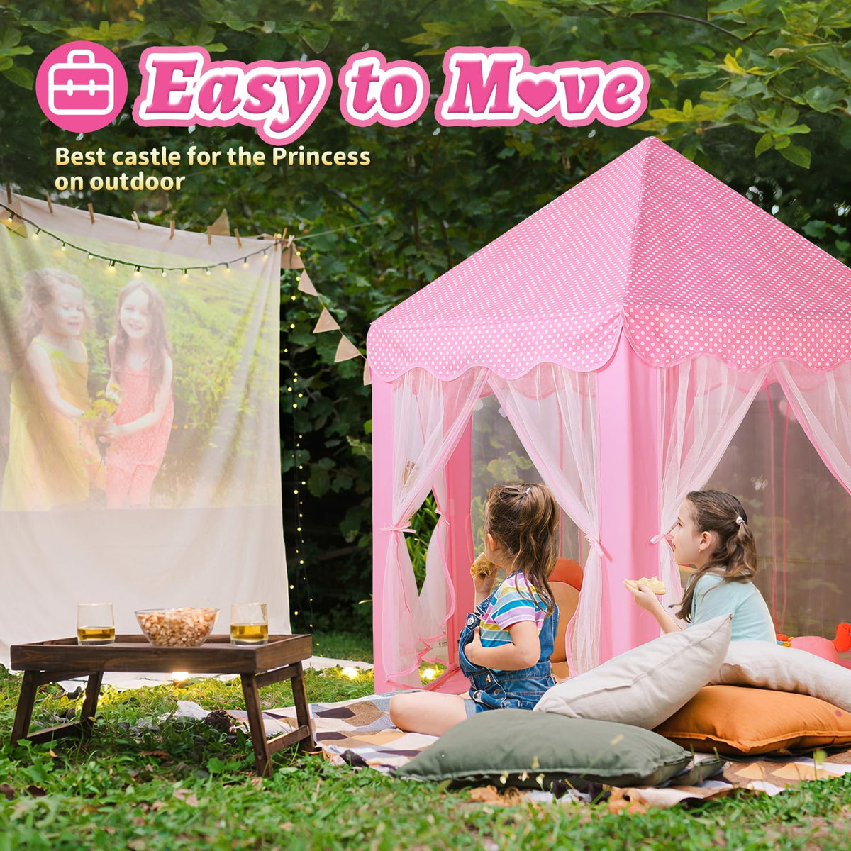 Monobeach Princess Castle Play Tent – Large 55'' x 53'' Indoor/Outdoor Playhouse with Star Lights