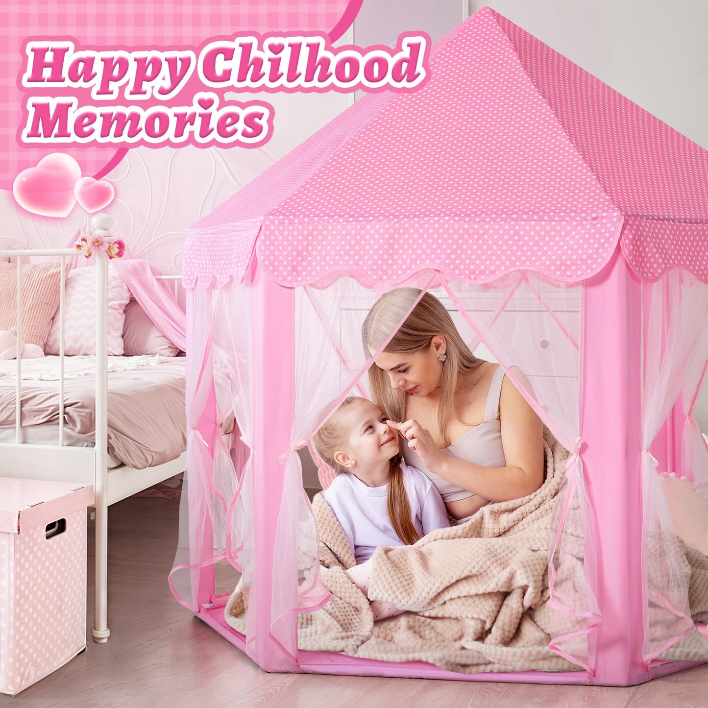 Monobeach Princess Castle Play Tent – Large 55'' x 53'' Indoor/Outdoor Playhouse with Star Lights